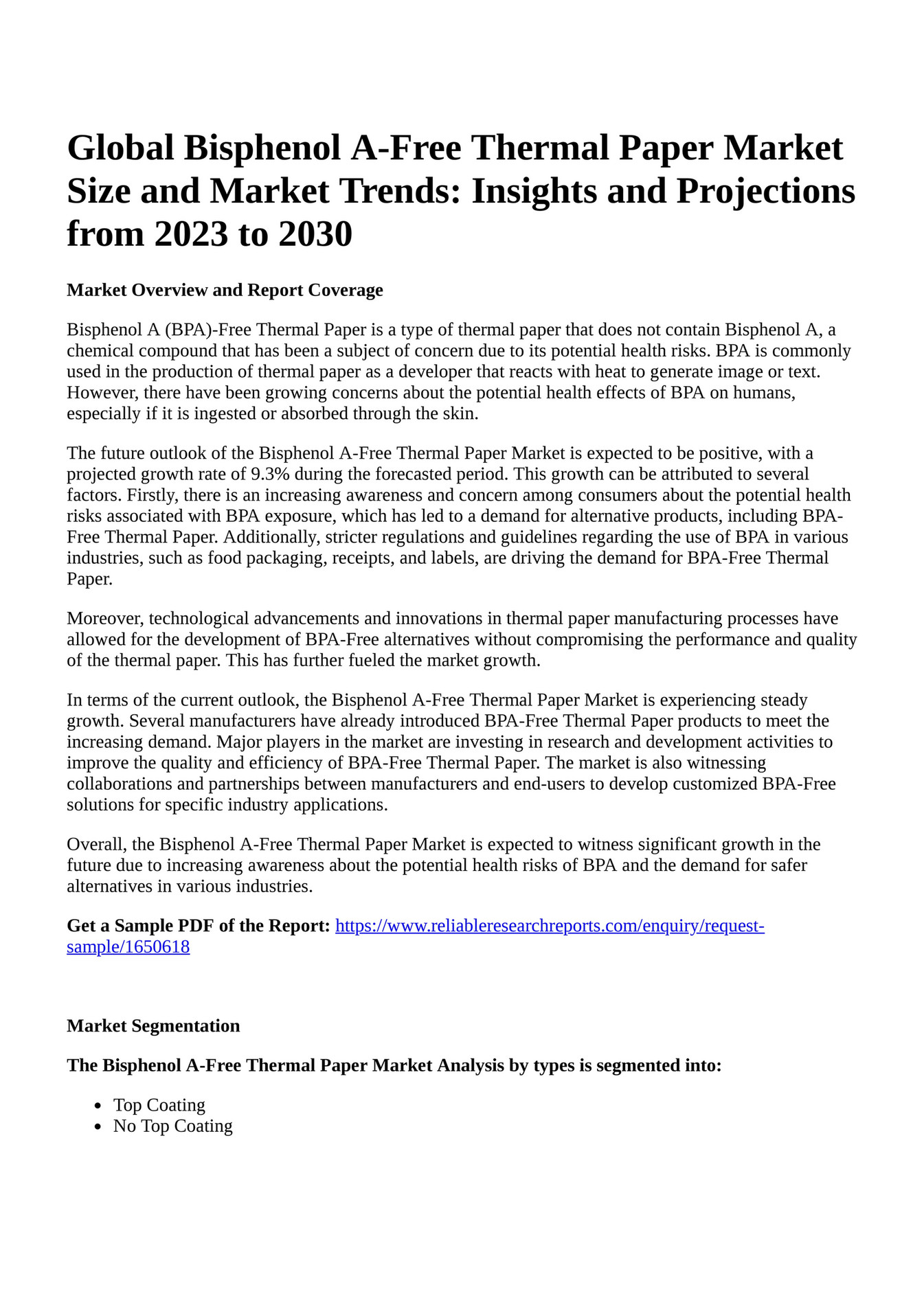 Reportprime Global Bisphenol AFree Thermal Paper Market Size and