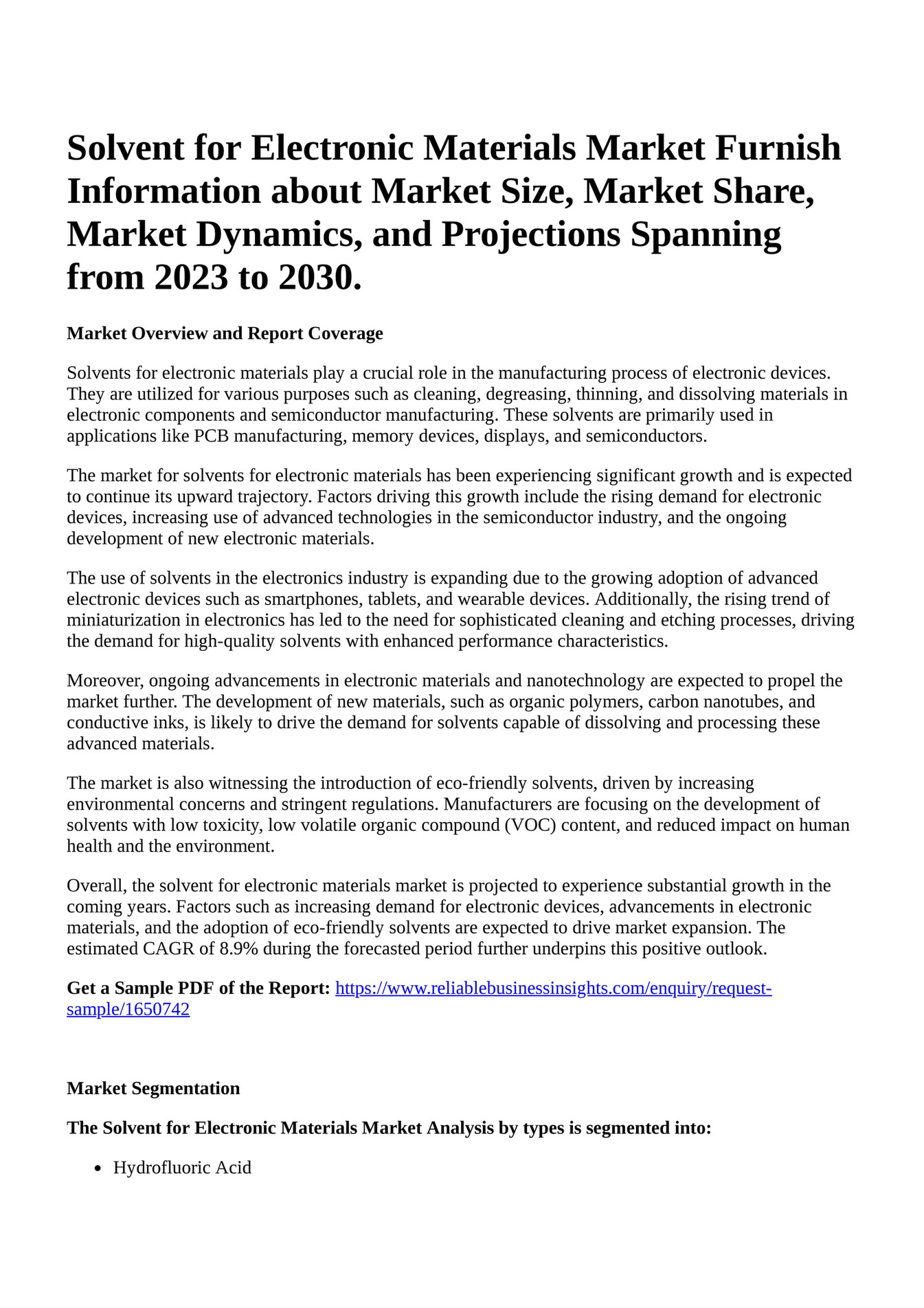 Reportprime Solvent for Electronic Materials Market Furnish