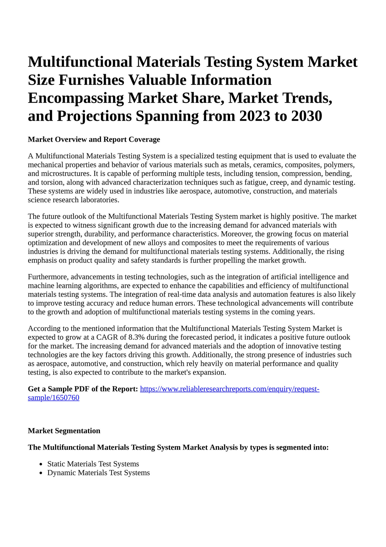Reportprime Multifunctional Materials Testing System Market Size