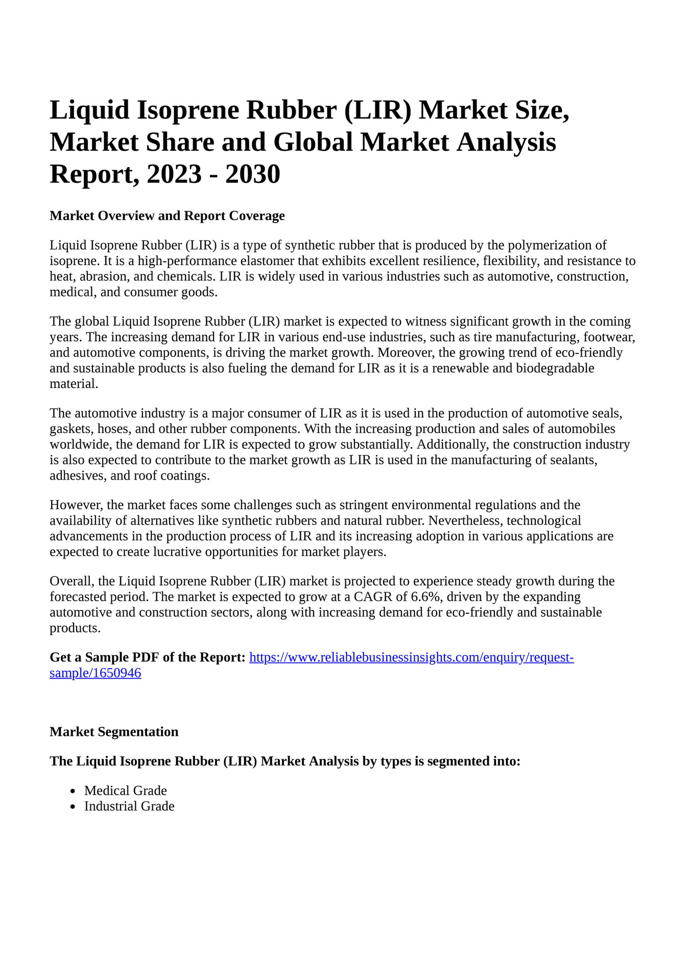 Reportprime Liquid Isoprene Rubber LIR Market Size Market Share