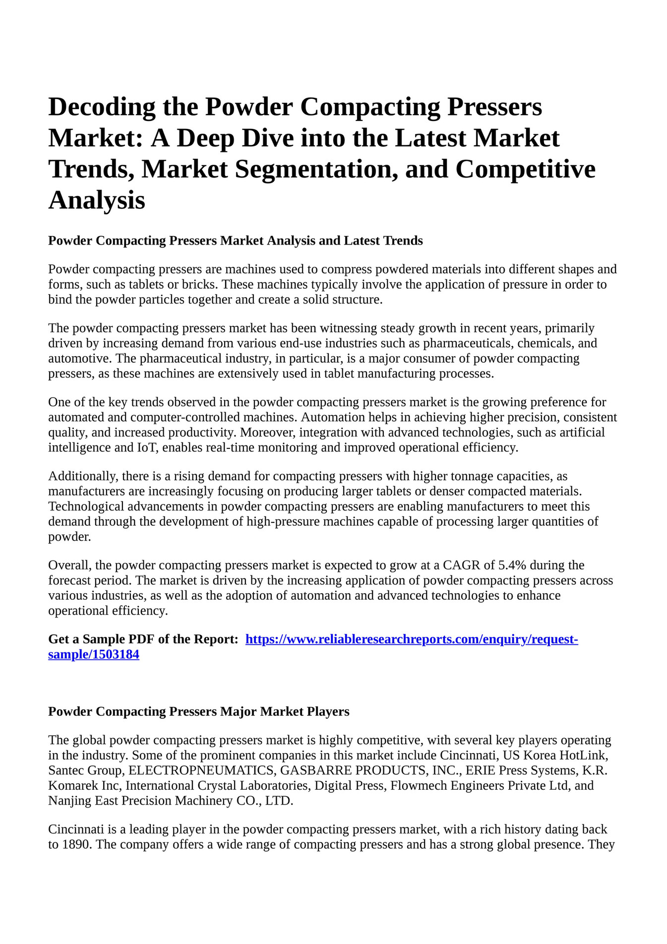 Reportprime Decoding the Powder Compacting Pressers Market A Deep
