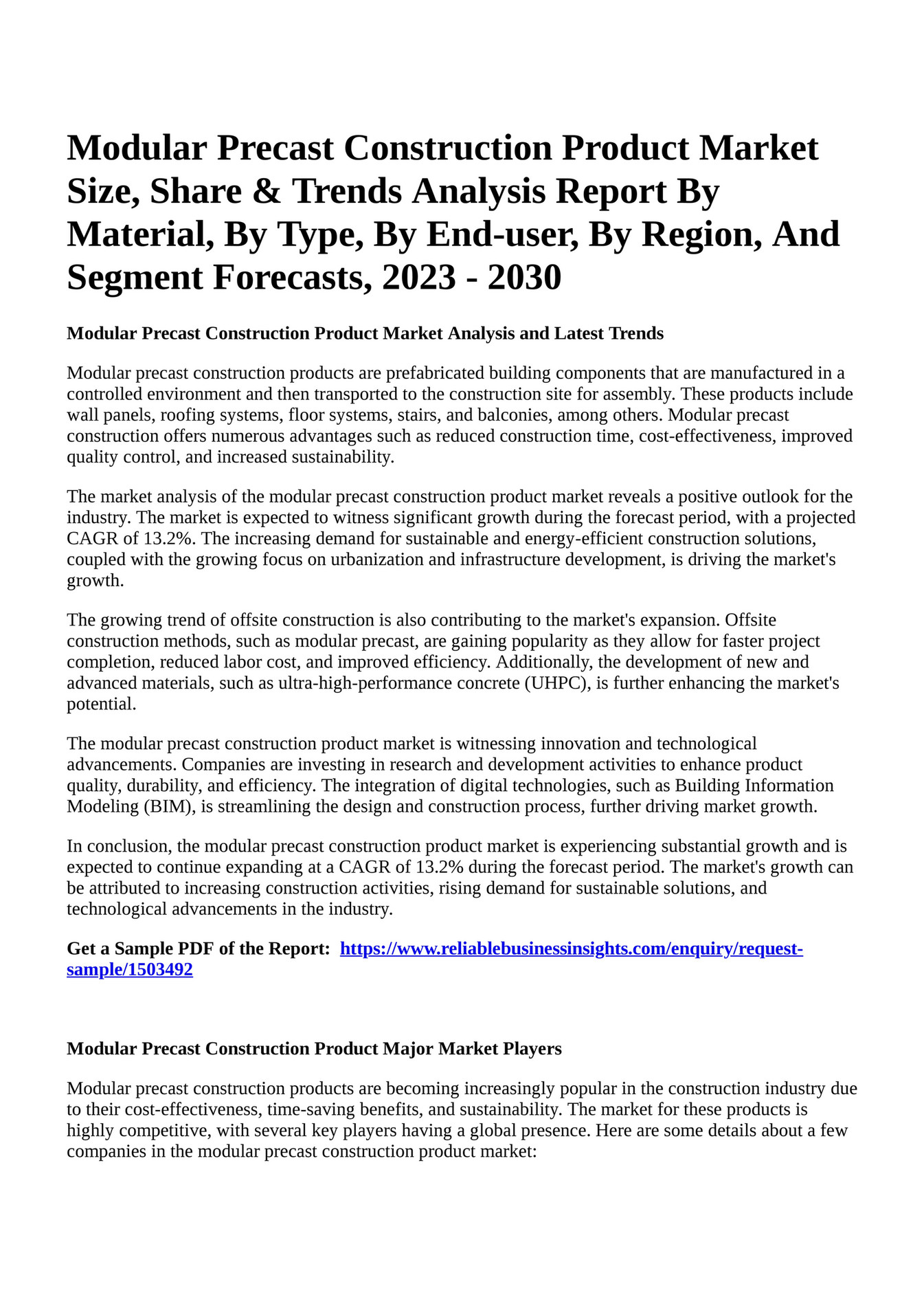 Reportprime Modular Precast Construction Product Market Size, Share & Trends Analysis Report
