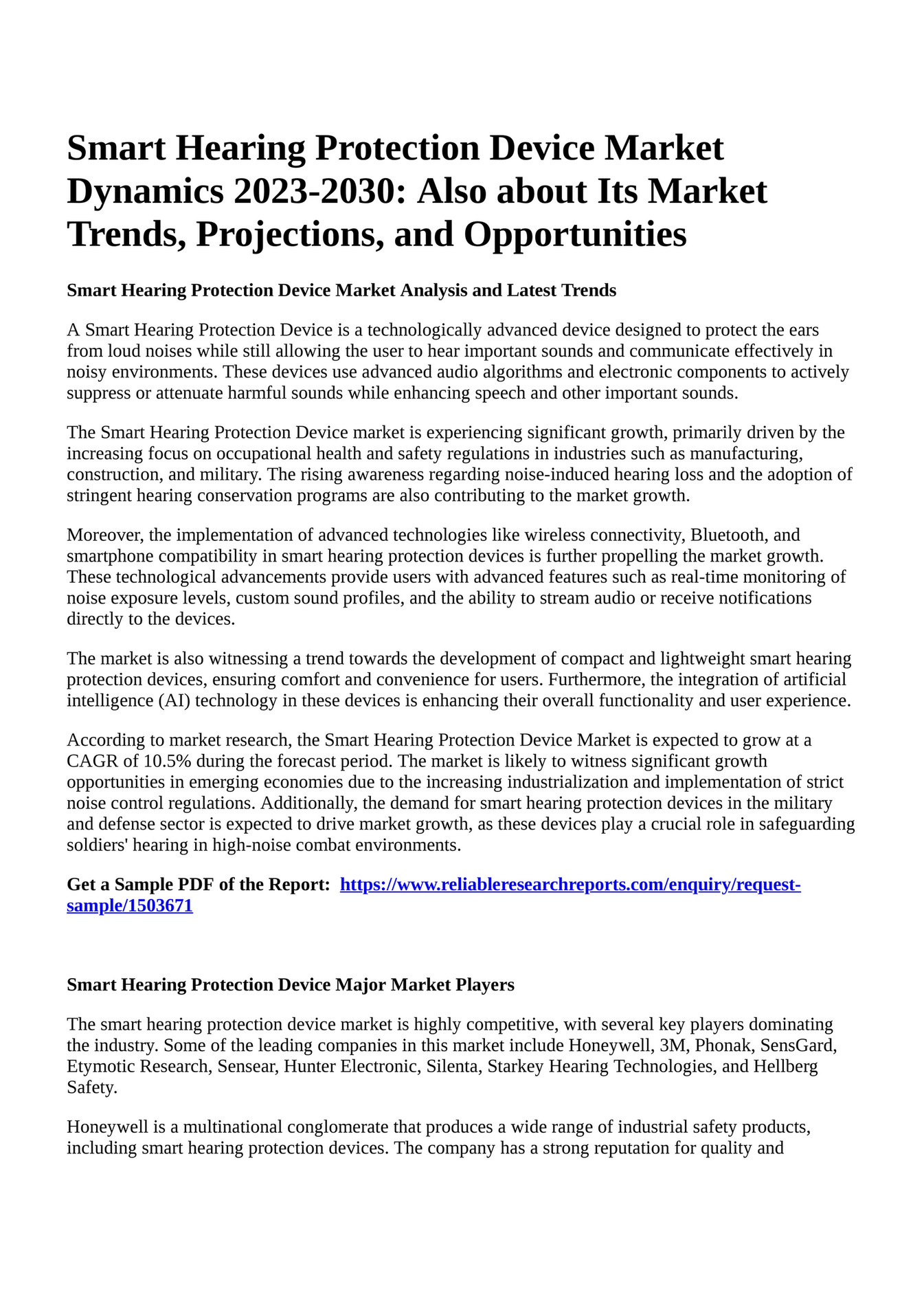 Reportprime Smart Hearing Protection Device Market Dynamics 20232030