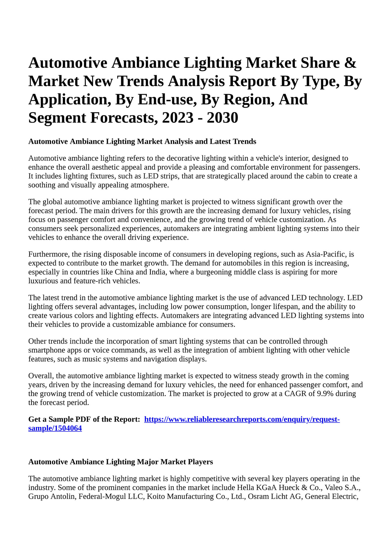 Reportprime Automotive Ambiance Lighting Market Share & Market New