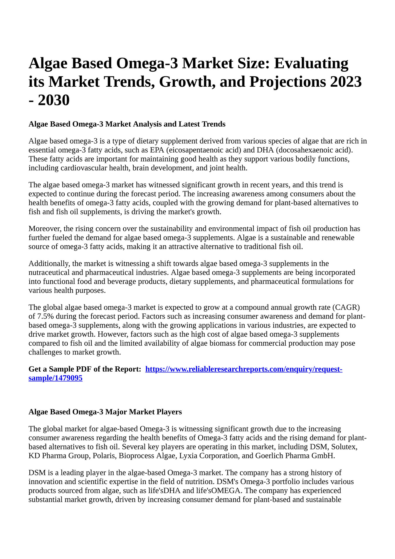 Reportprime Algae Based Omega3 Market Size Evaluating its Market