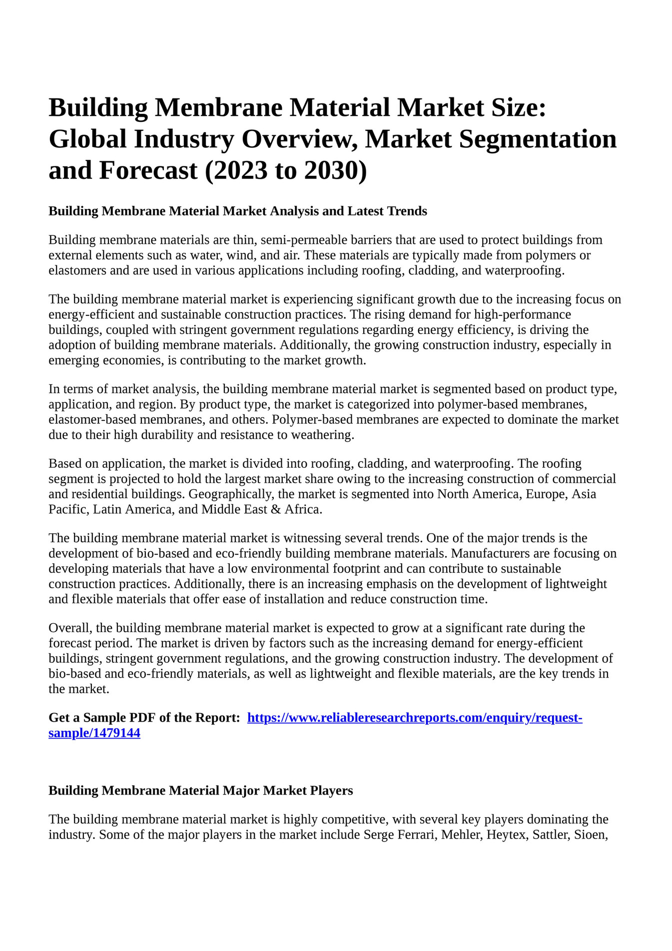 Reportprime Building Membrane Material Market Size Global Industry