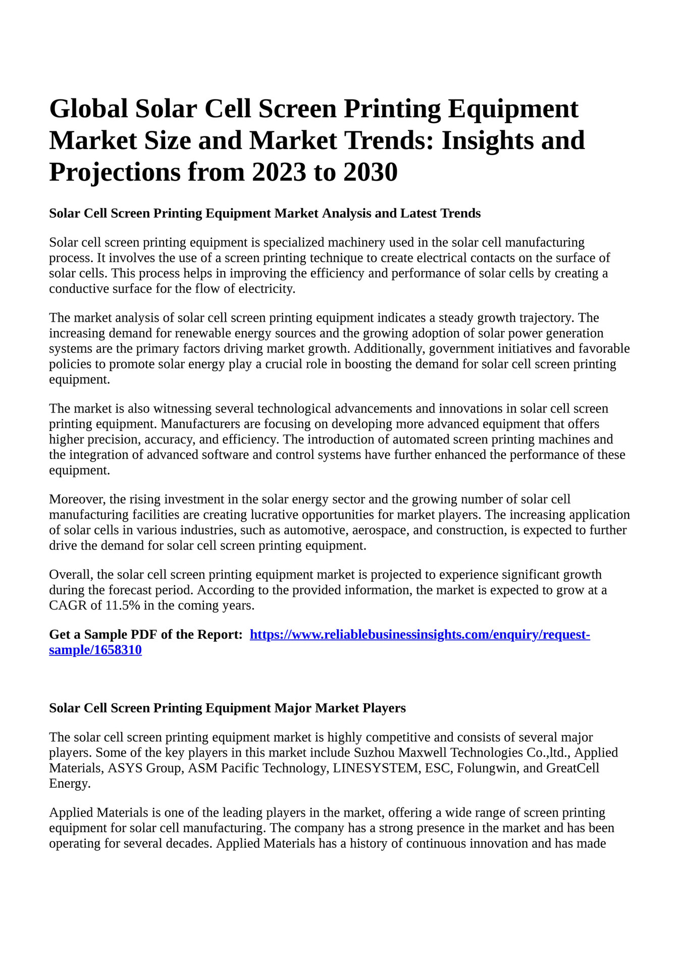 Reportprime Global Solar Cell Screen Printing Equipment Market Size
