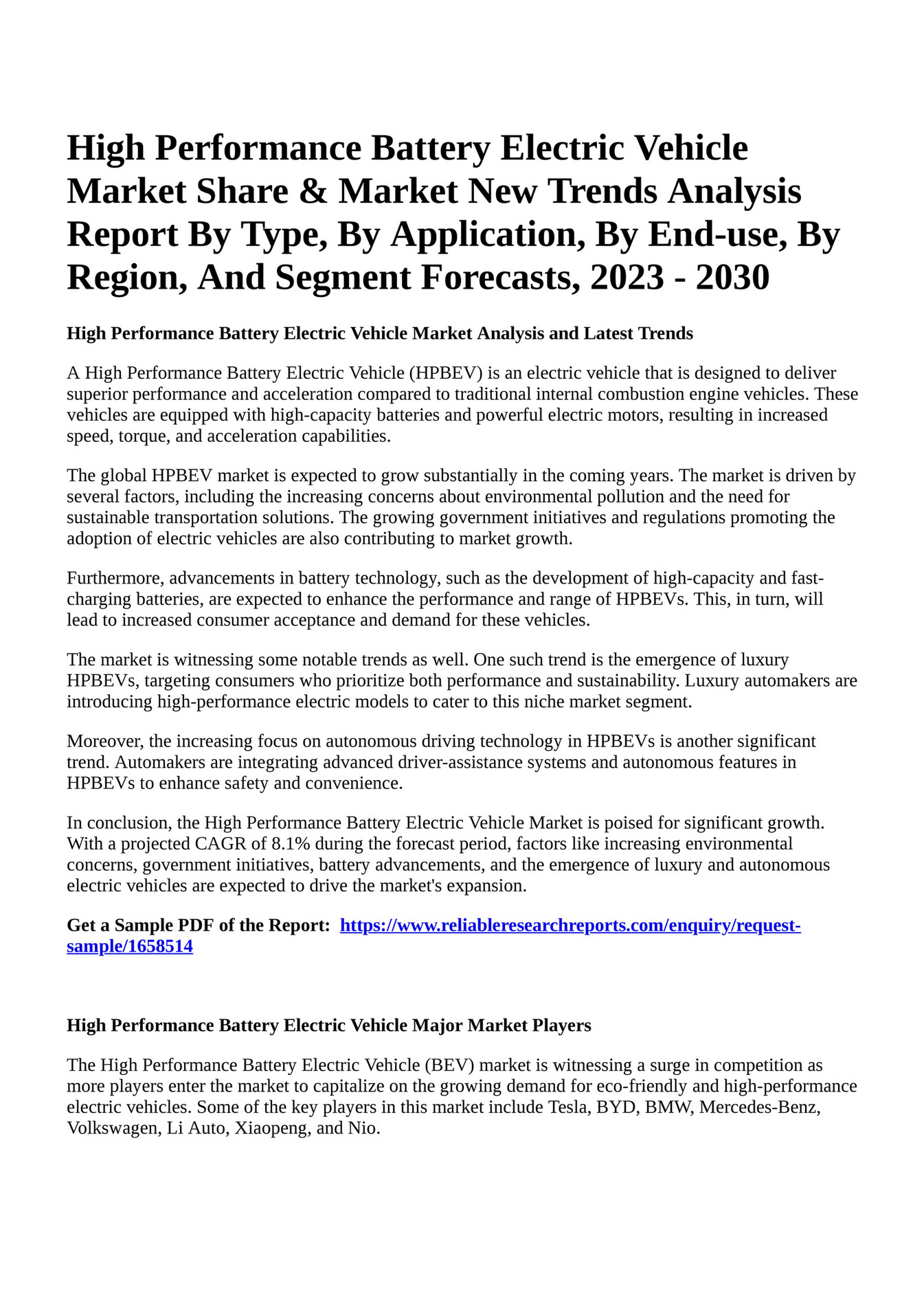 Reportprime High Performance Battery Electric Vehicle Market Share