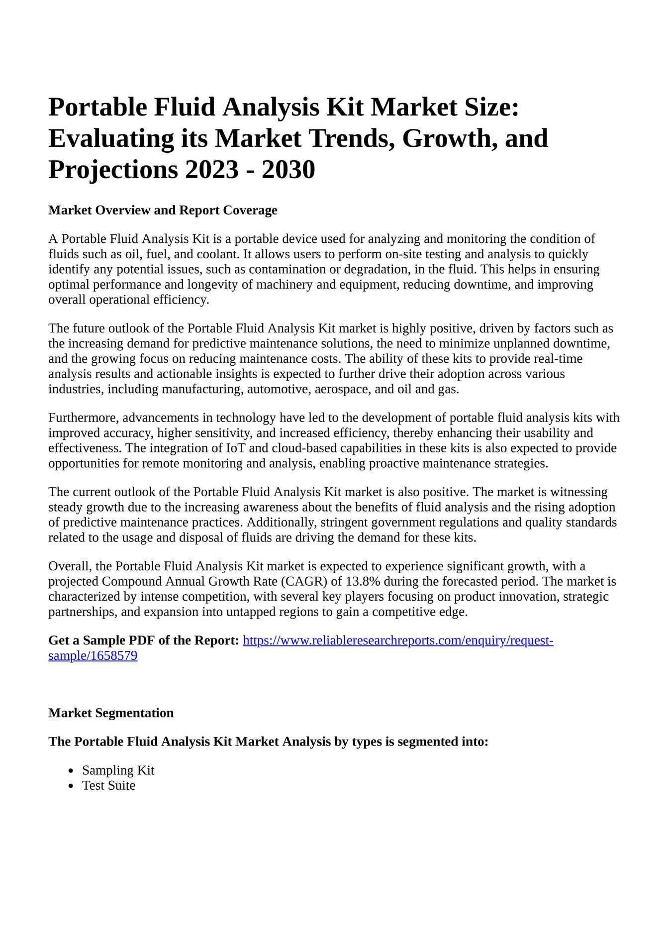 Reportprime Portable Fluid Analysis Kit Market Size Evaluating its