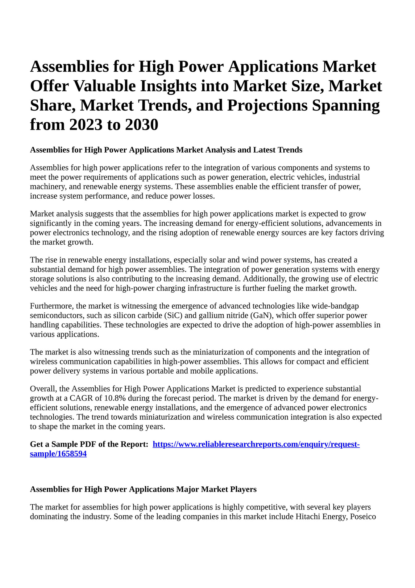 Reportprime Assemblies for High Power Applications Market Offer