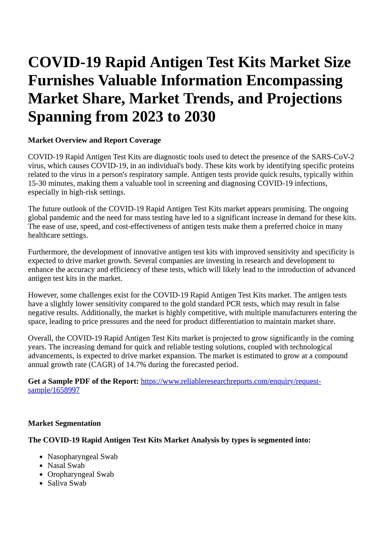 Reportprime COVID19 Rapid Antigen Test Kits Market Size Furnishes Valuable Information