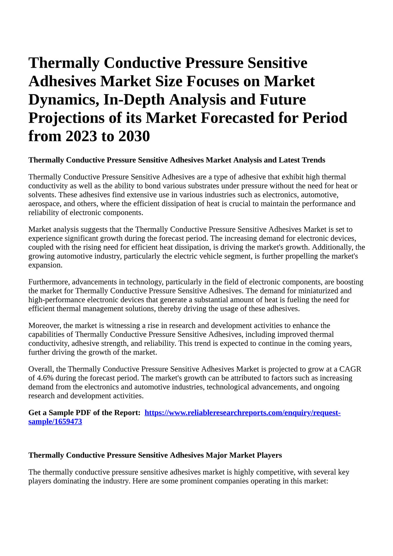 Reportprime Thermally Conductive Pressure Sensitive Adhesives Market