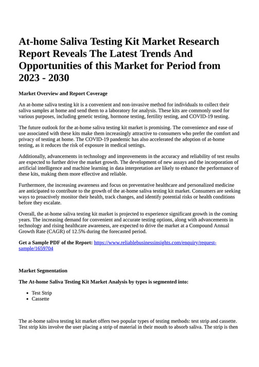 Reportprime Athome Saliva Testing Kit Market Research Report Reveals