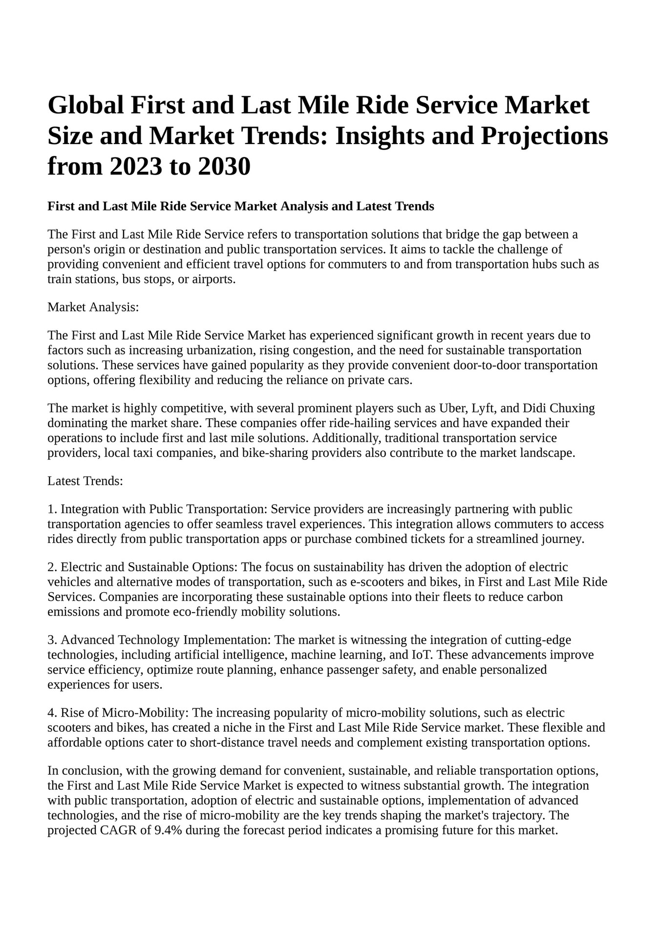 Reportprime Global First and Last Mile Ride Service Market Size and