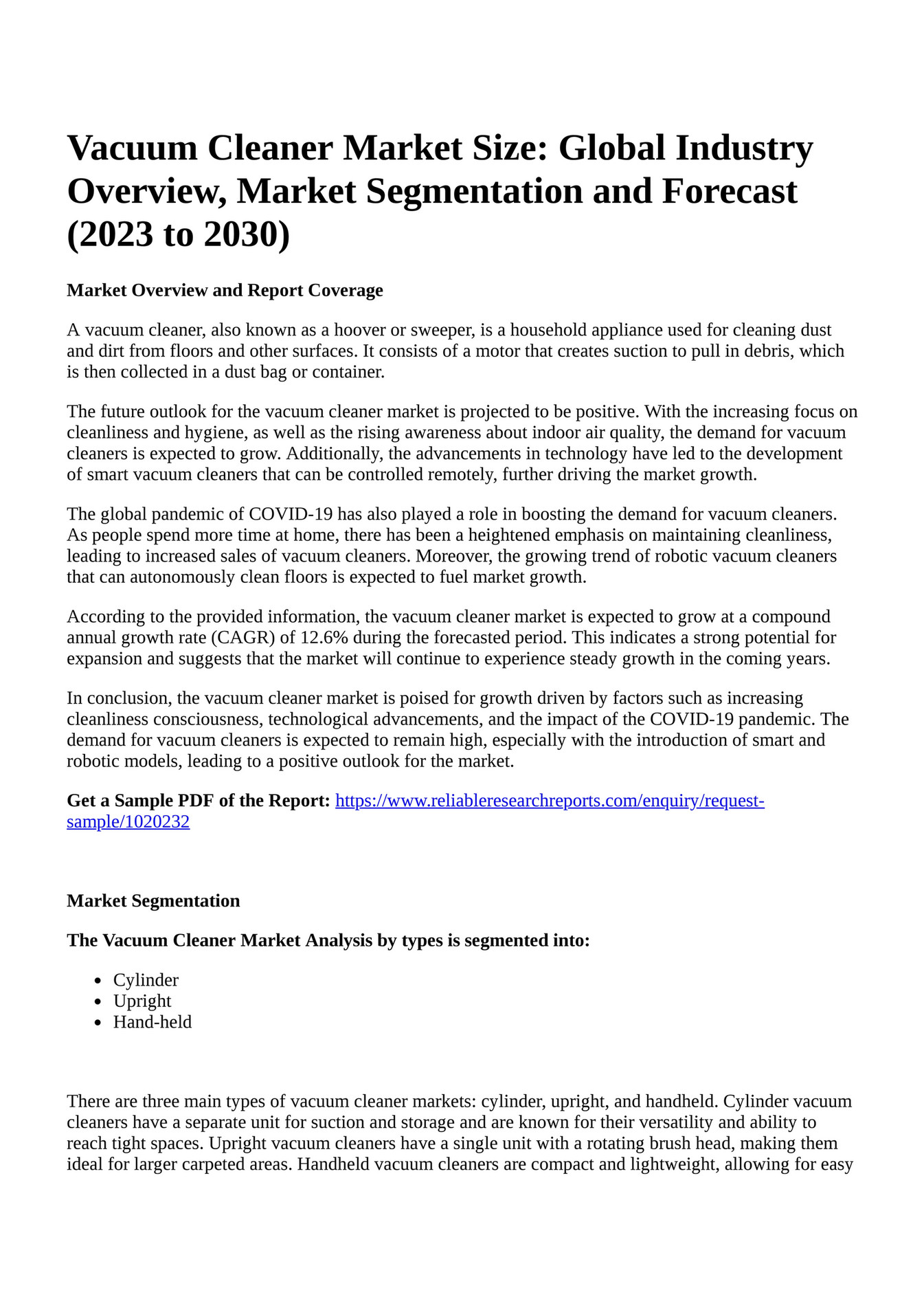 Reportprime Vacuum Cleaner Market Size Global Industry Overview, Market Segmentation and