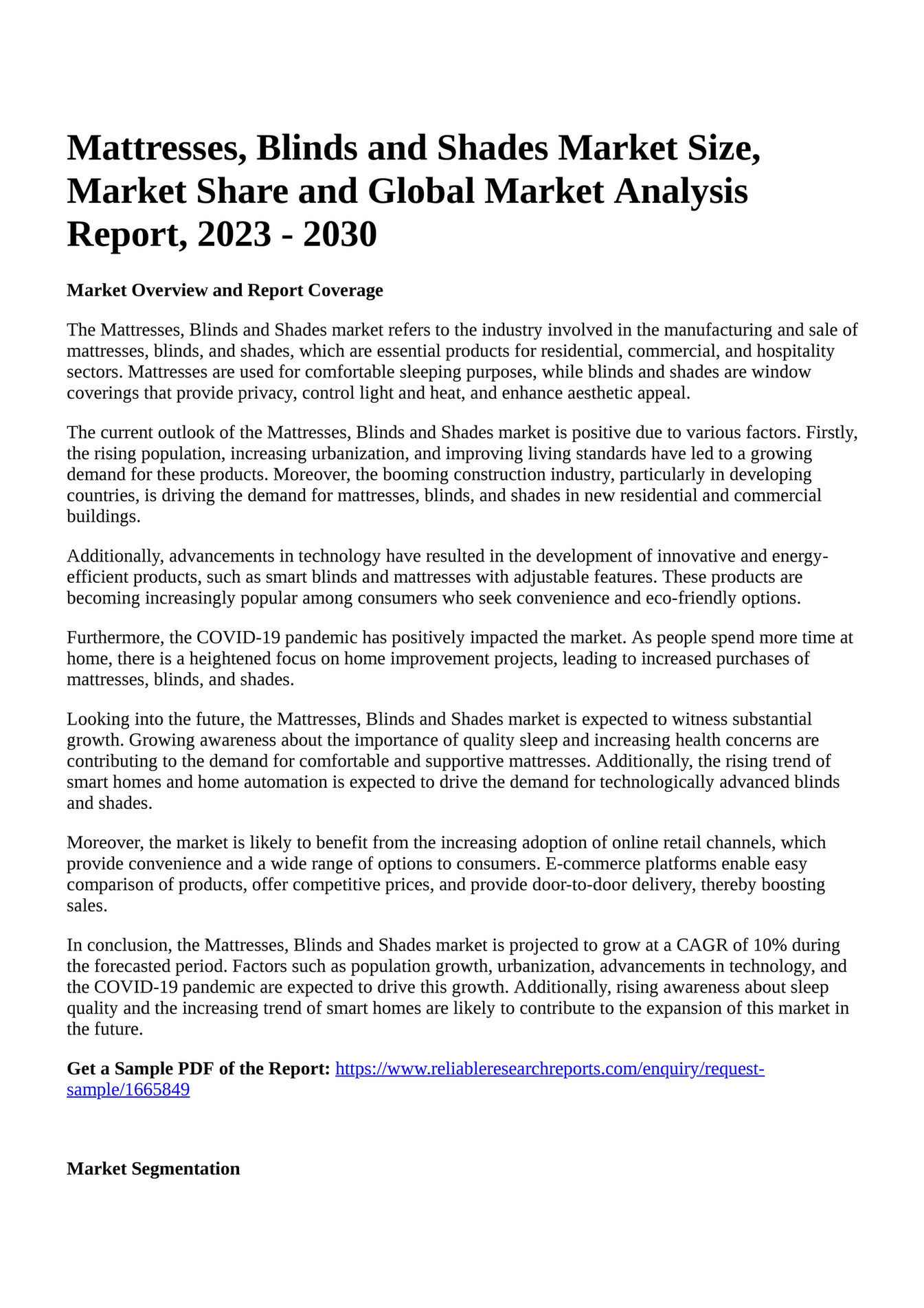 Reportprime Mattresses, Blinds and Shades Market Size, Market Share