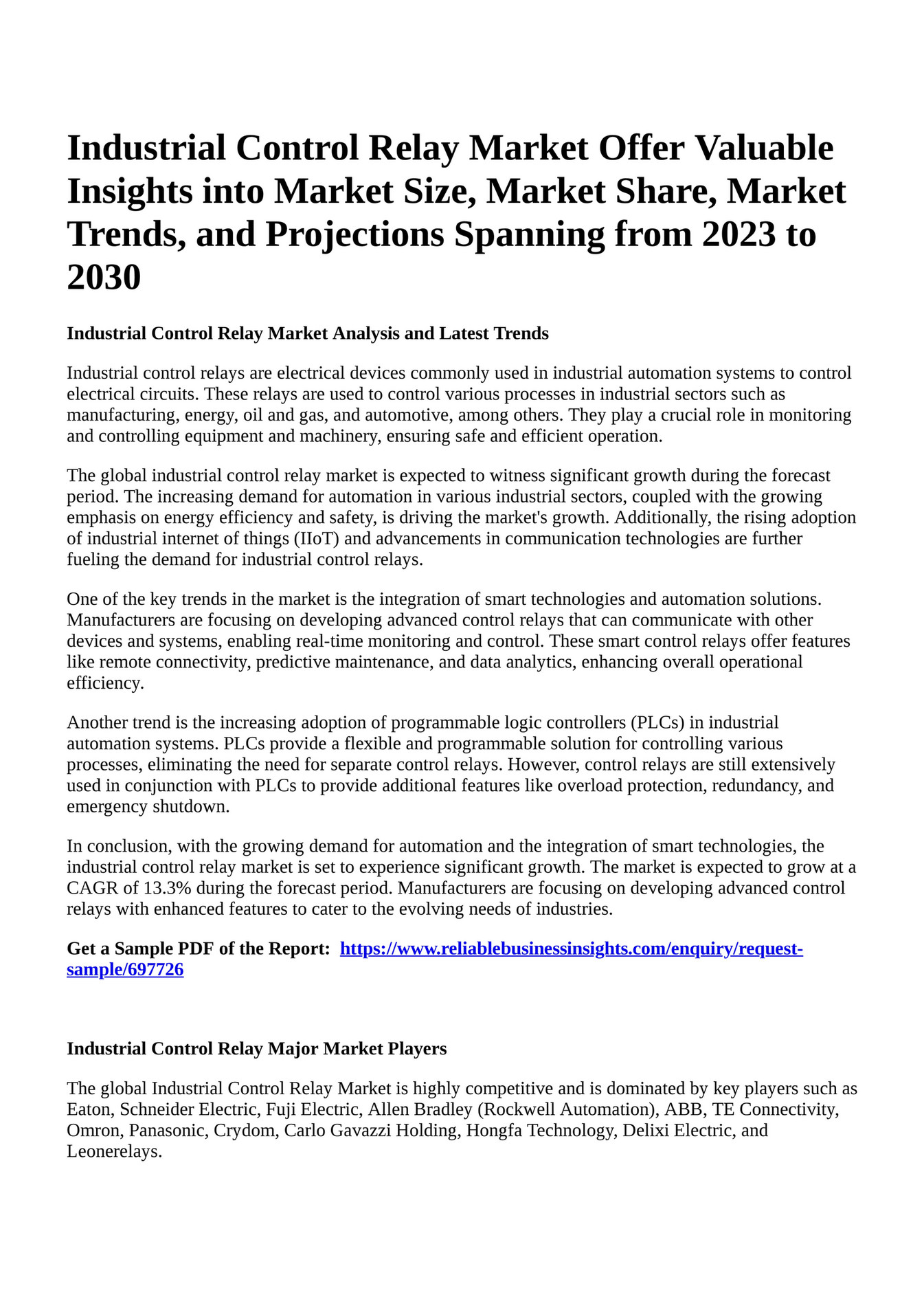 Reportprime Industrial Control Relay Market Offer Valuable Insights