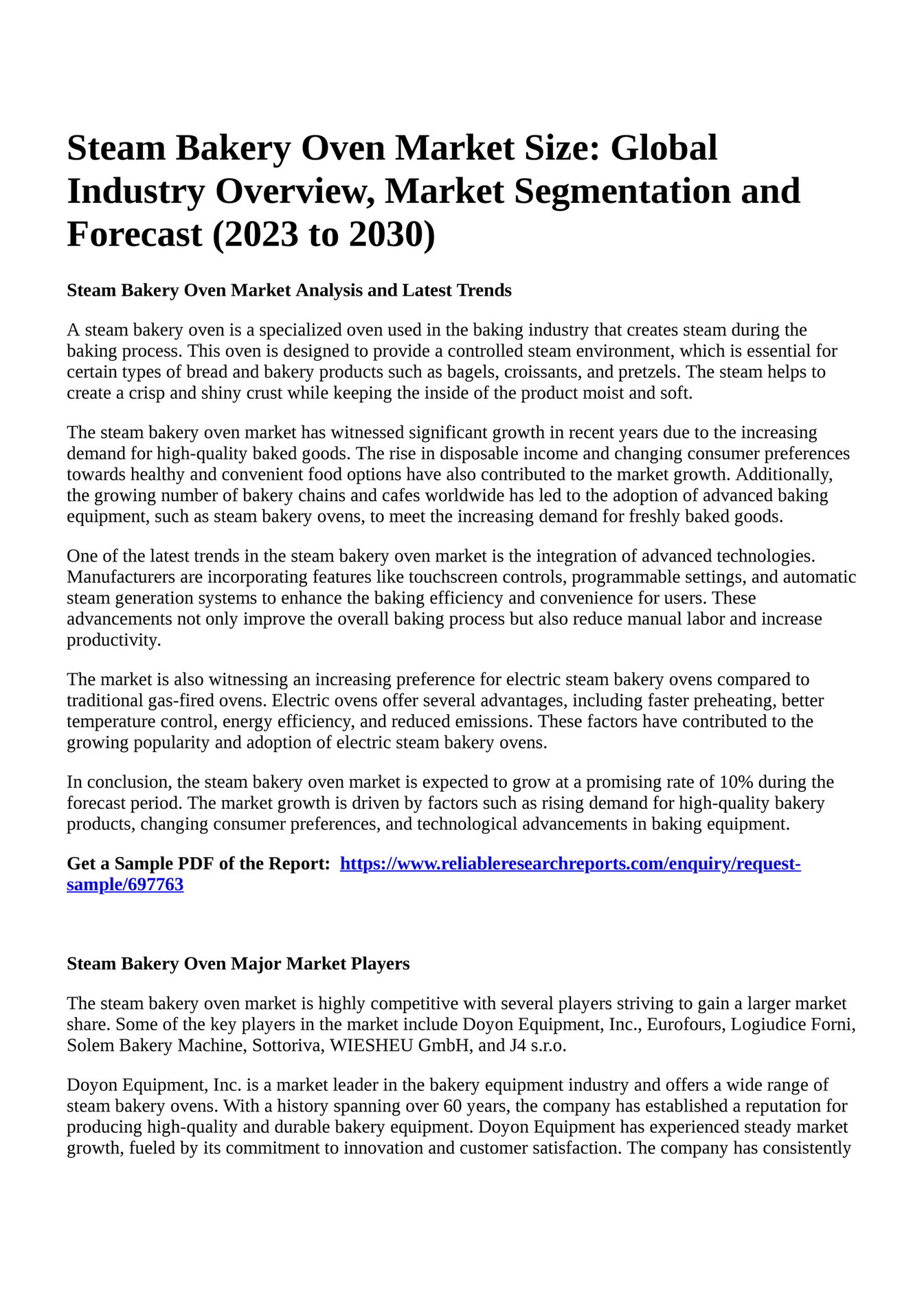 Reportprime Steam Bakery Oven Market Size Global Industry Overview