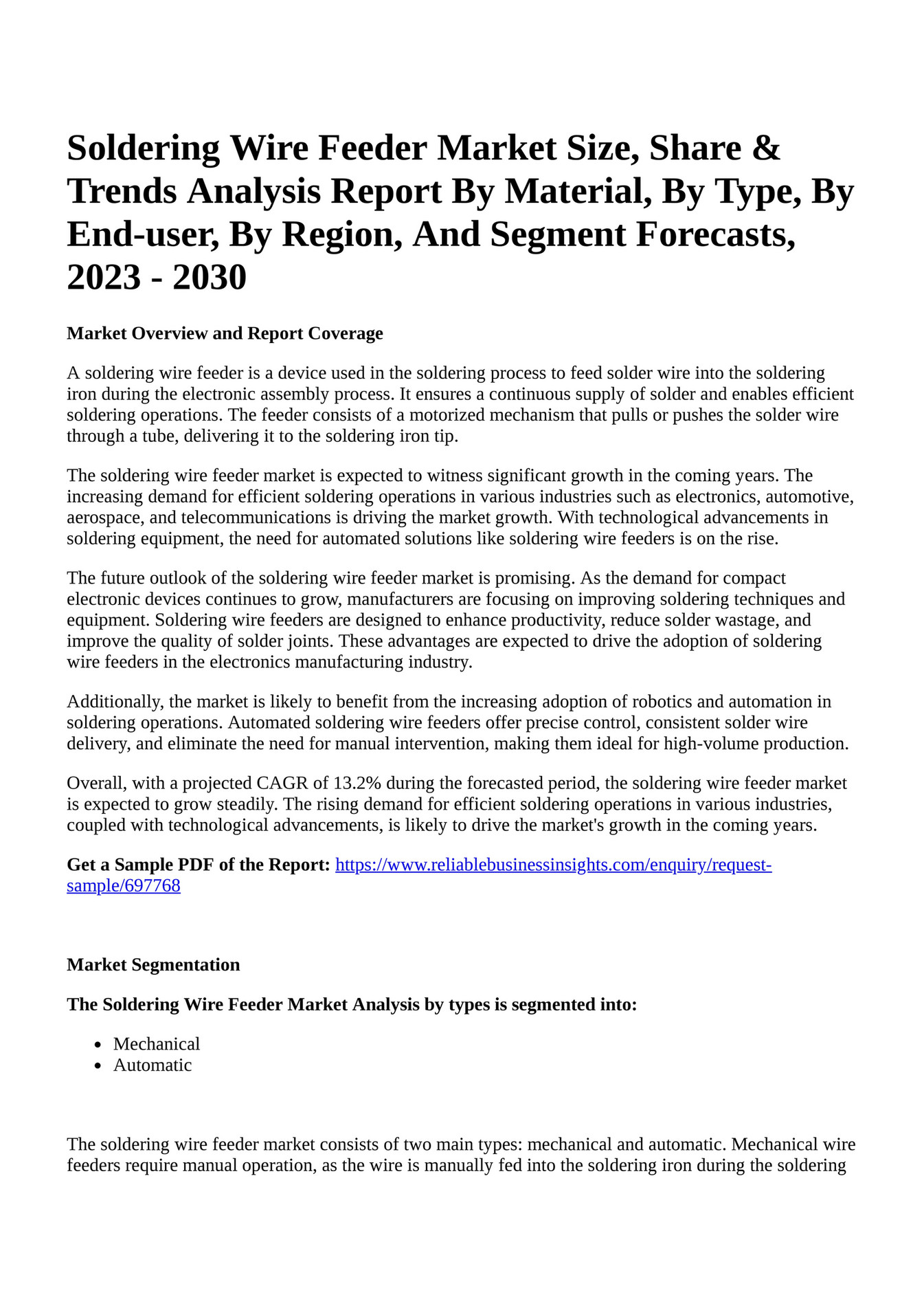 Reportprime Soldering Wire Feeder Market Size, Share & Trends