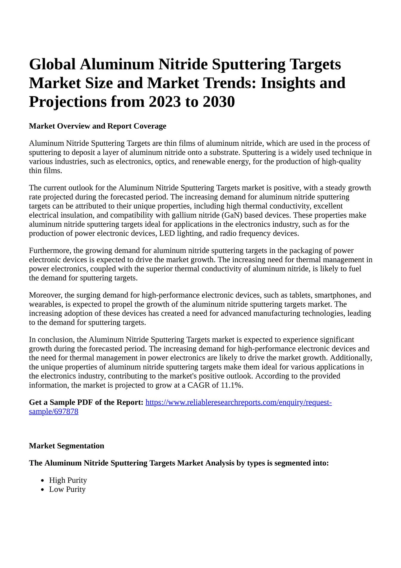 Reportprime Global Aluminum Nitride Sputtering Targets Market Size