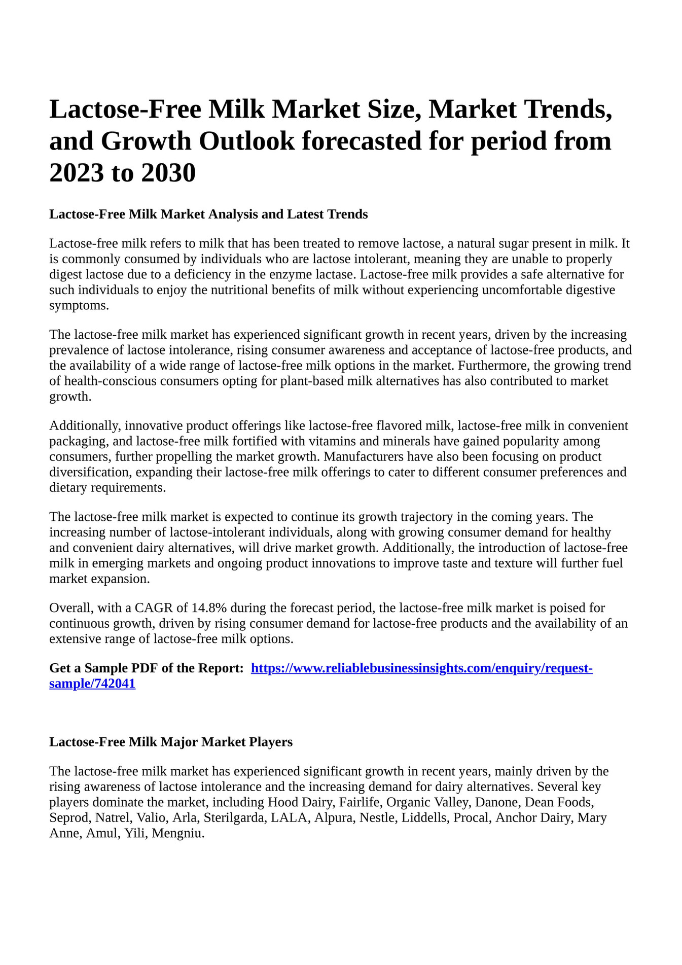 Reportprime LactoseFree Milk Market Size, Market Trends, and Growth