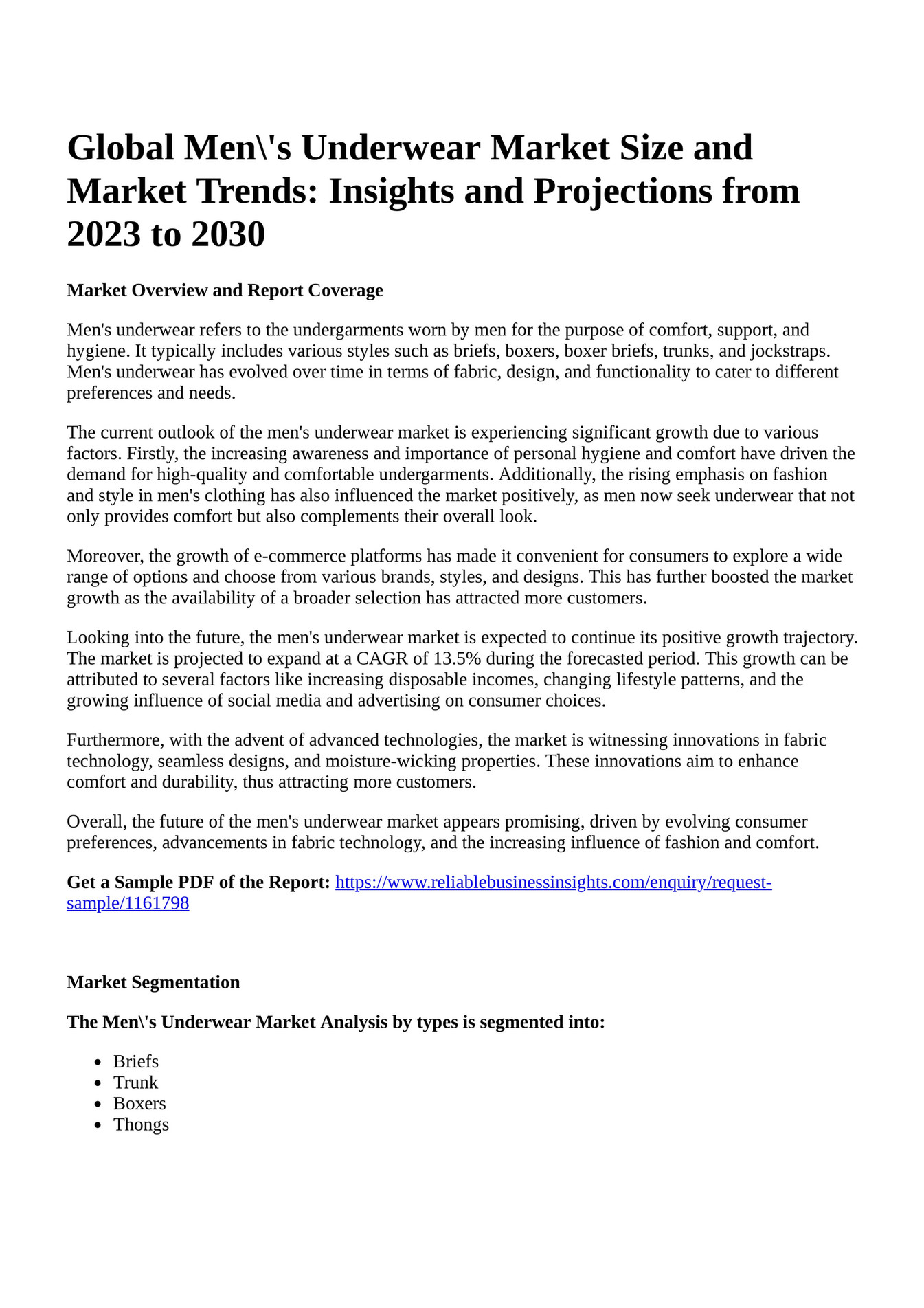 Reportprime Global Men\'s Underwear Market Size and Market Trends Insights and Projections