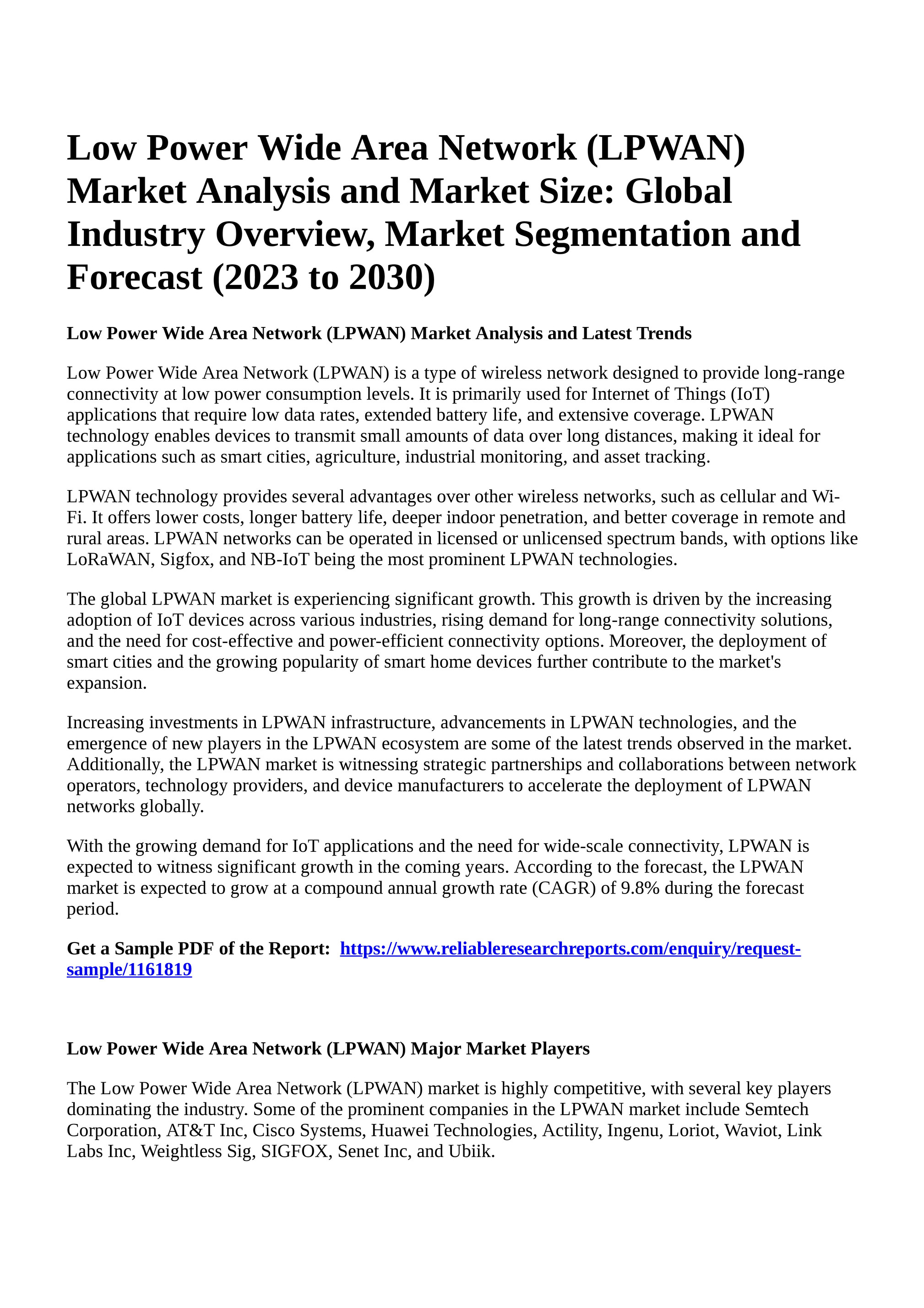 Reportprime - Low Power Wide Area Network (LPWAN) Market Analysis