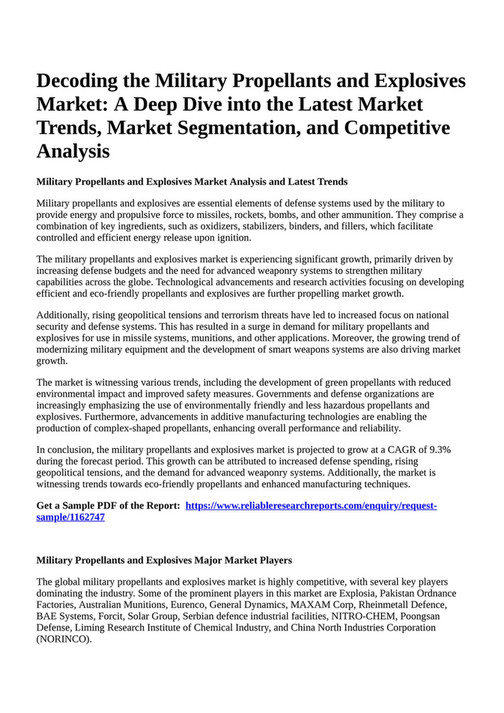 Reportprime - Decoding the Military Propellants and Explosives Market 