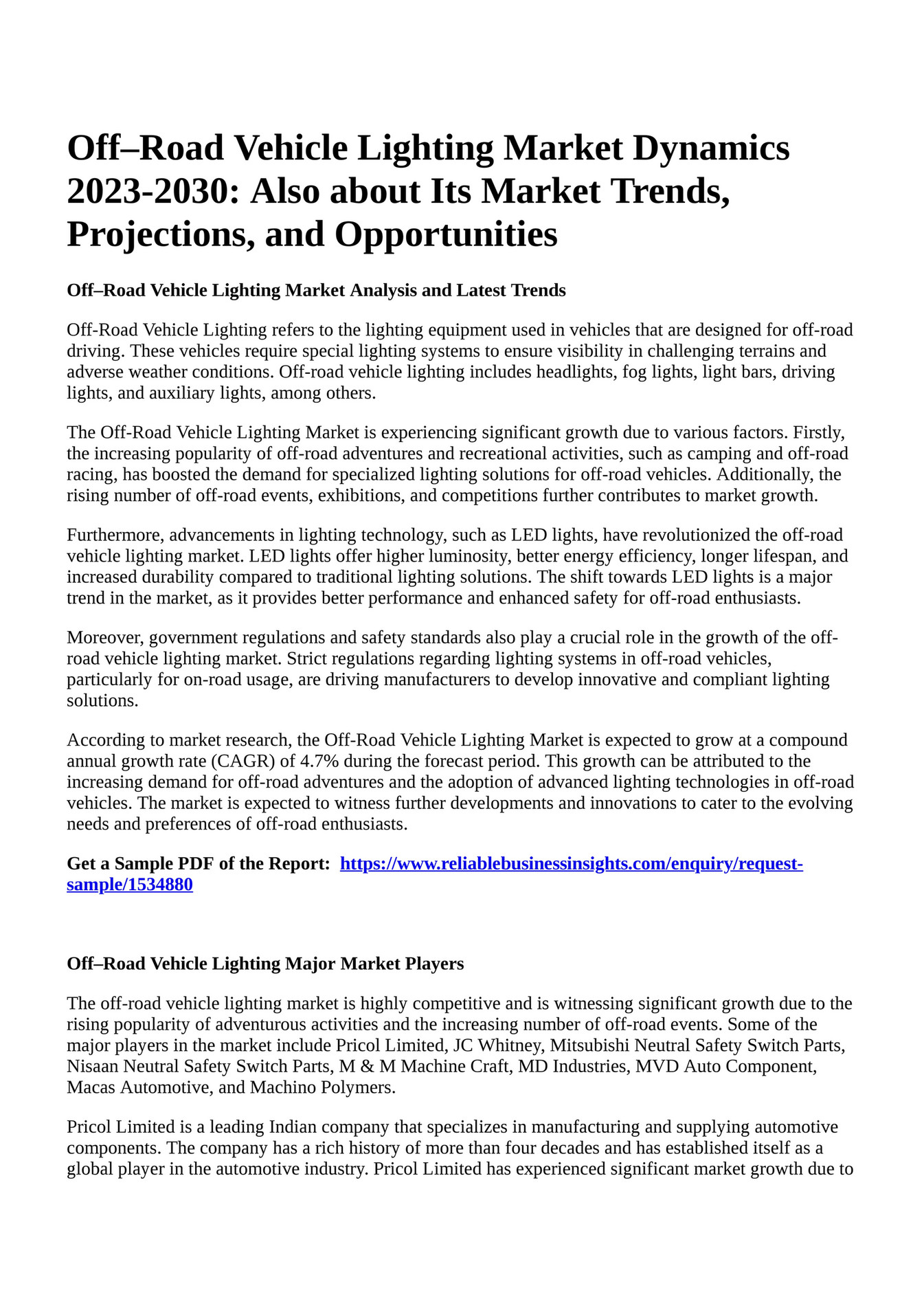 Reportprime OffRoad Vehicle Lighting Market Dynamics 20232030 Also