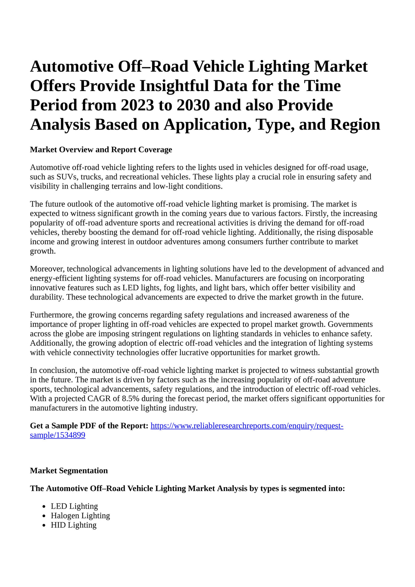 Reportprime Automotive OffRoad Vehicle Lighting Market Offers