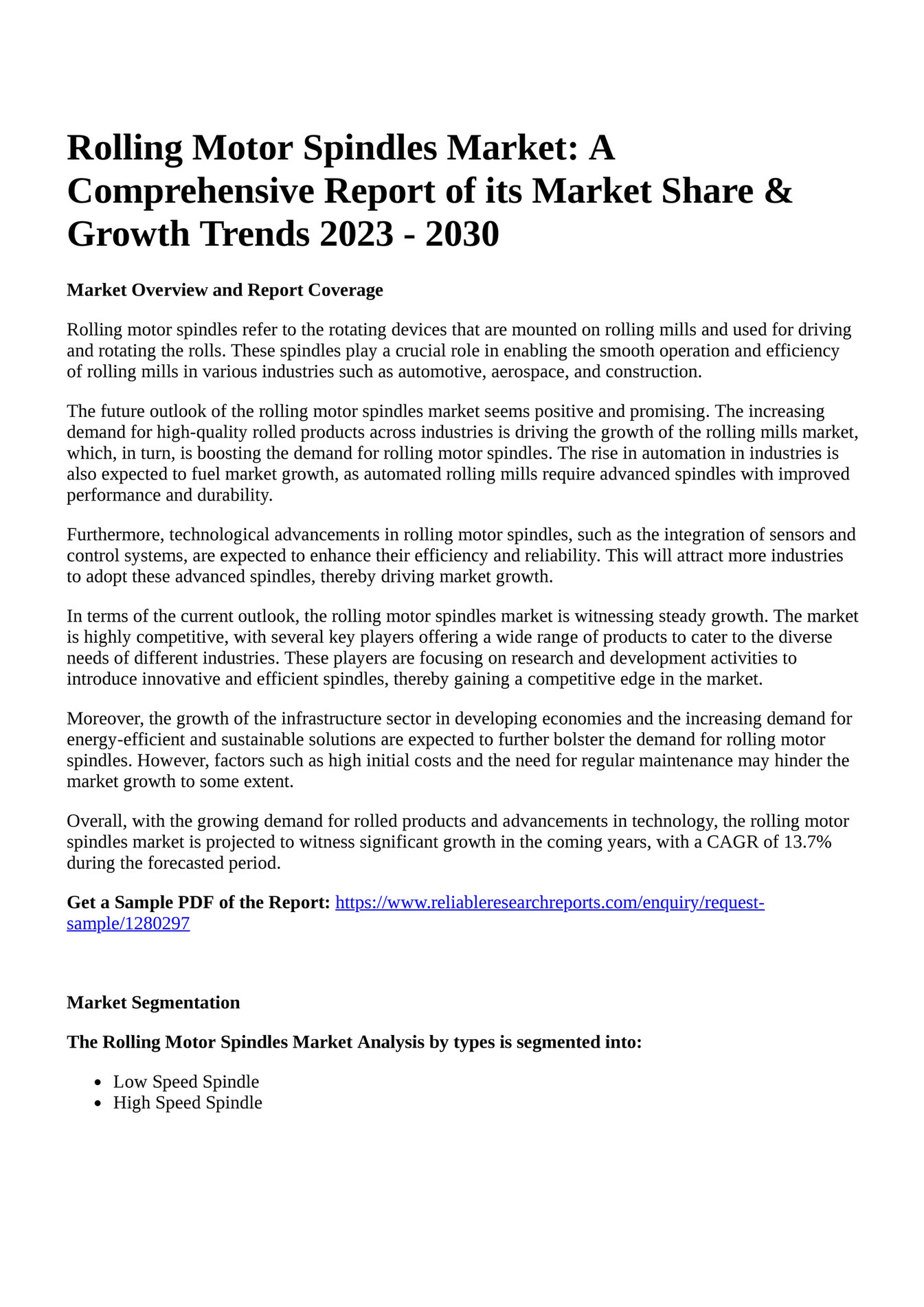 Reportprime Rolling Motor Spindles Market A Comprehensive Report of