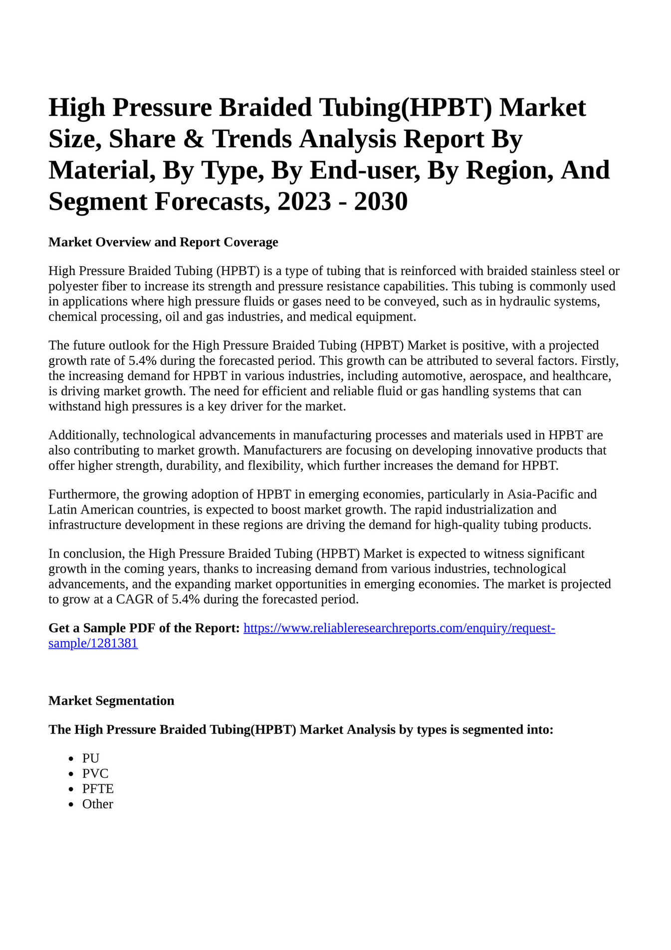 Reportprime High Pressure Braided Tubing HPBT Market Size Share