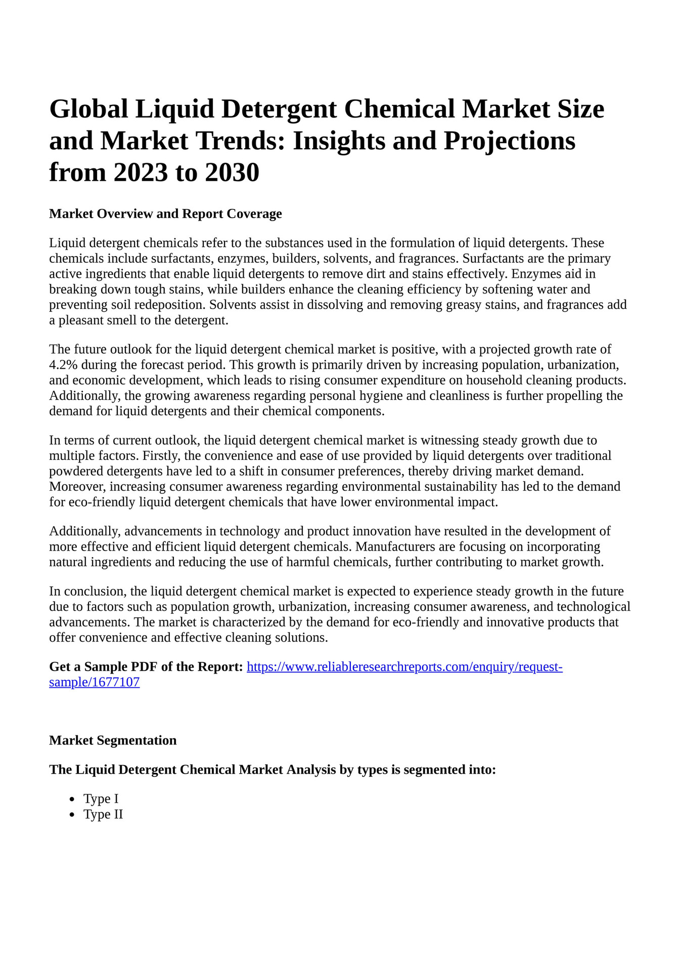 Reportprime Global Liquid Detergent Chemical Market Size and Market Trends Insights and