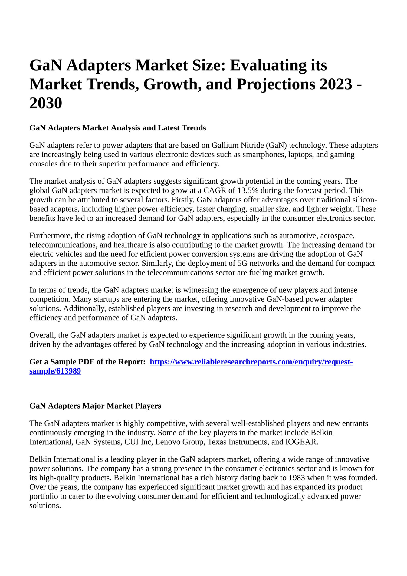 Reportprime GaN Adapters Market Size Evaluating its Market Trends, Growth, and Projections