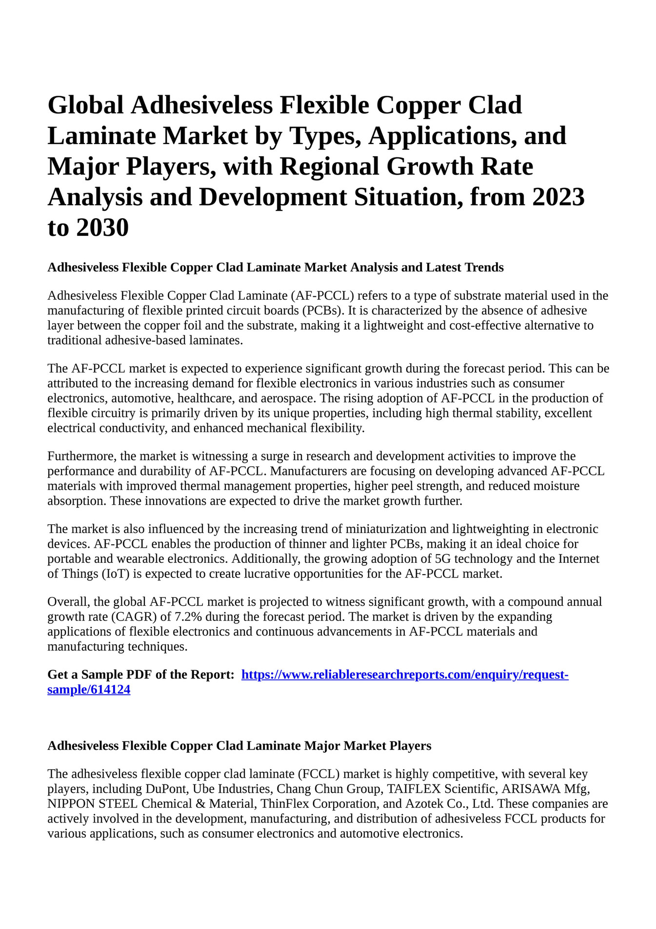 Reportprime Global Adhesiveless Flexible Copper Clad Laminate Market
