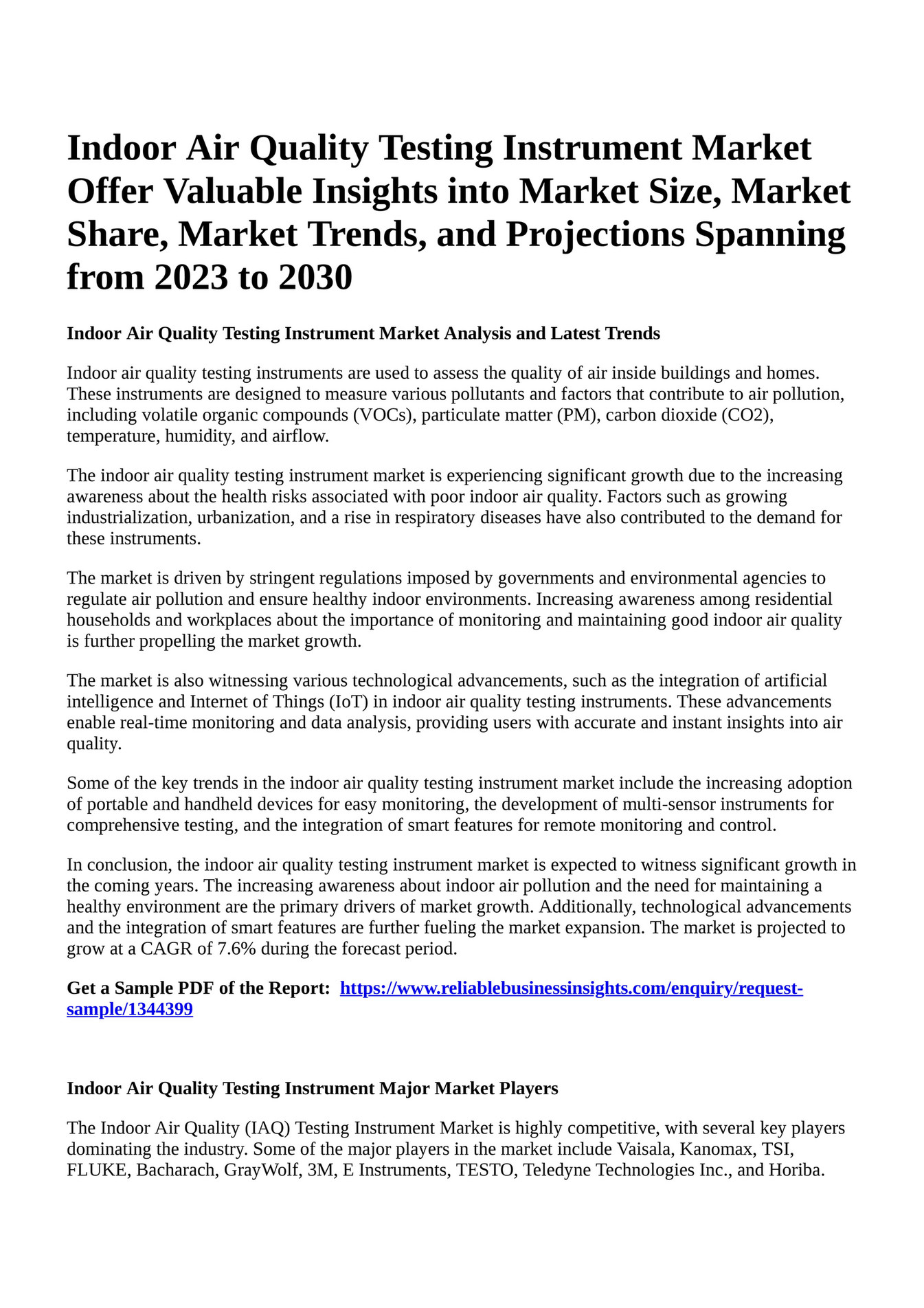 Reportprime Indoor Air Quality Testing Instrument Market Offer