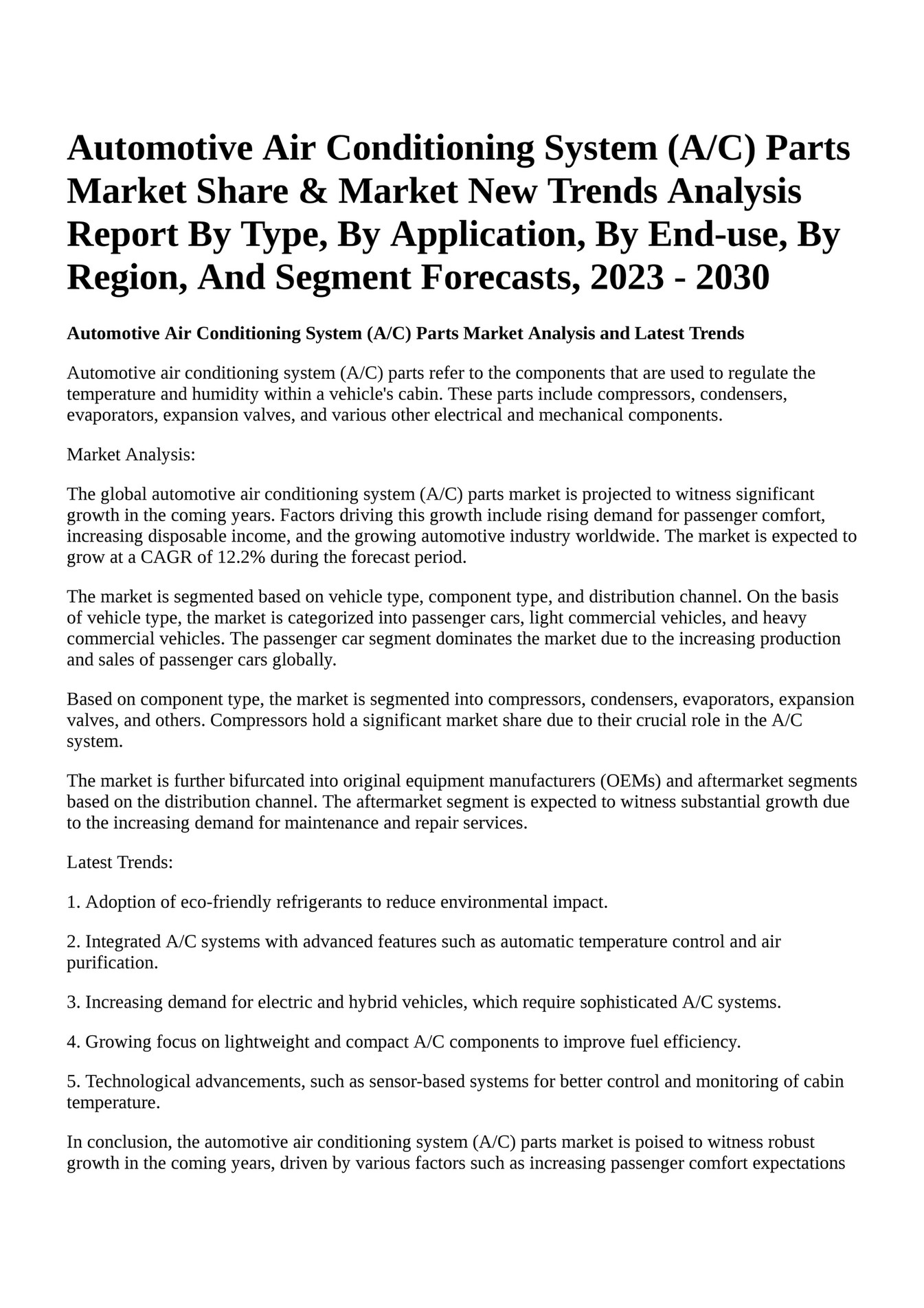 Reportprime Automotive Air Conditioning System (A/C) Parts Market