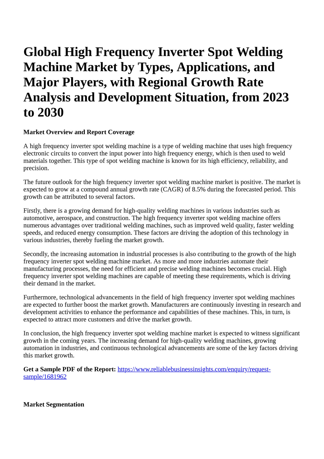 Reportprime Global High Frequency Inverter Spot Welding Machine