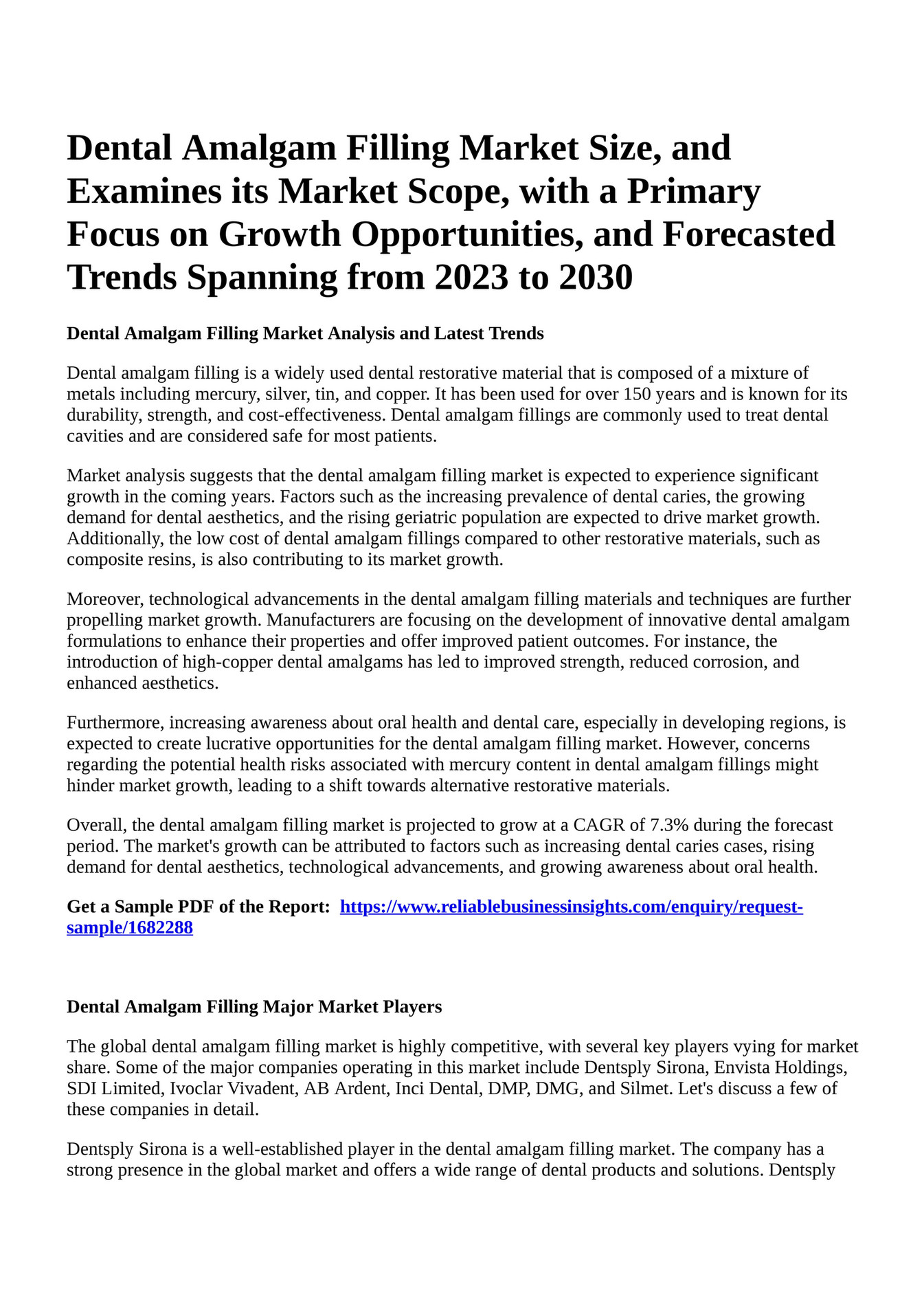 Reportprime Dental Amalgam Filling Market Size, and Examines its