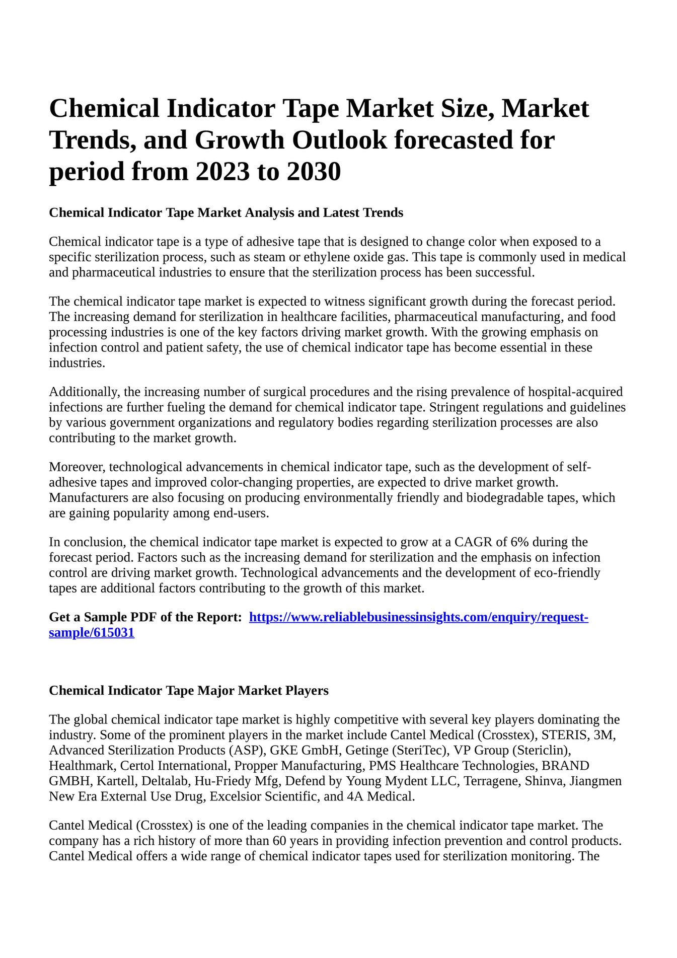 Reportprime Chemical Indicator Tape Market Size, Market Trends, and