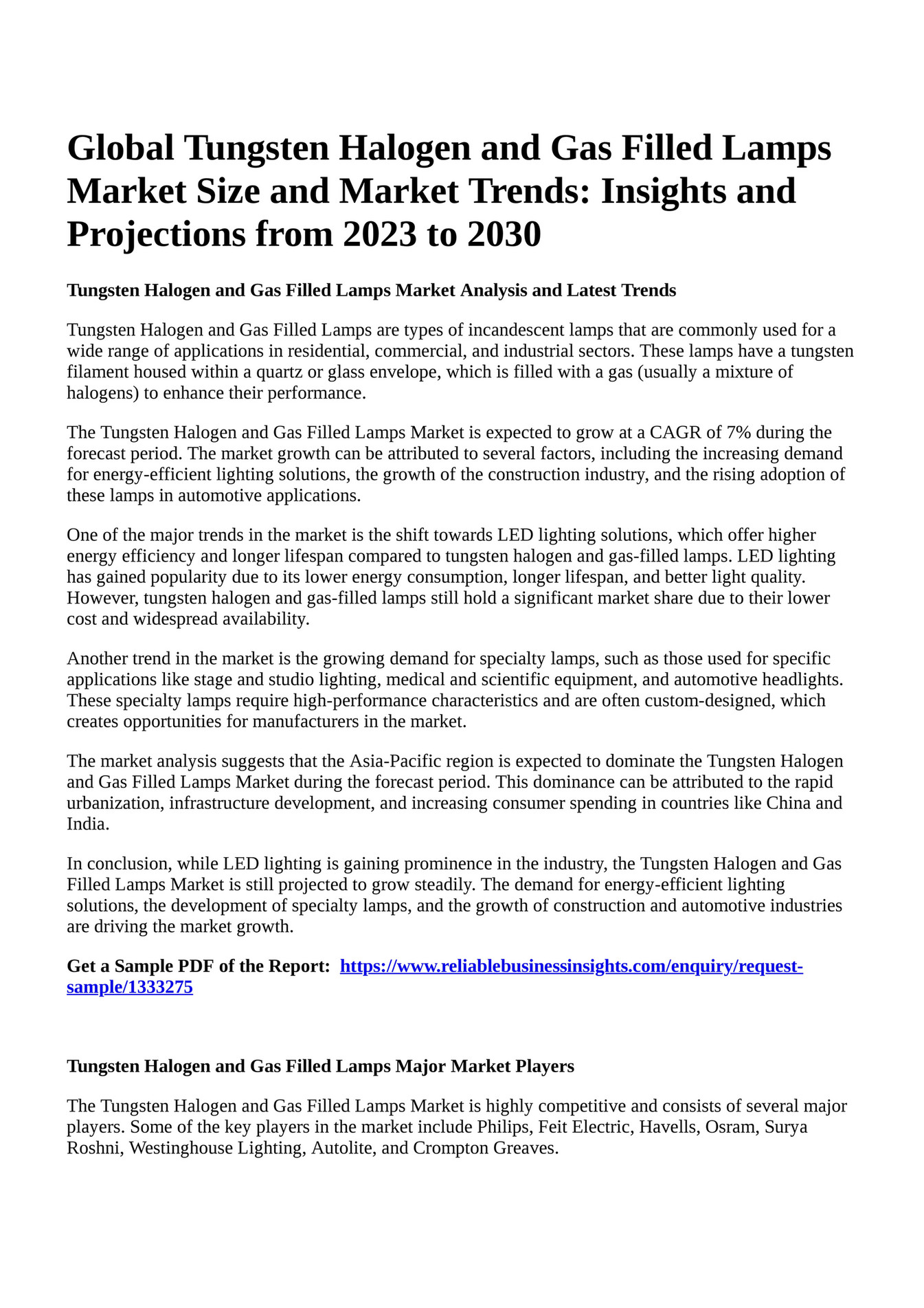 Reportprime Global Tungsten Halogen and Gas Filled Lamps Market Size