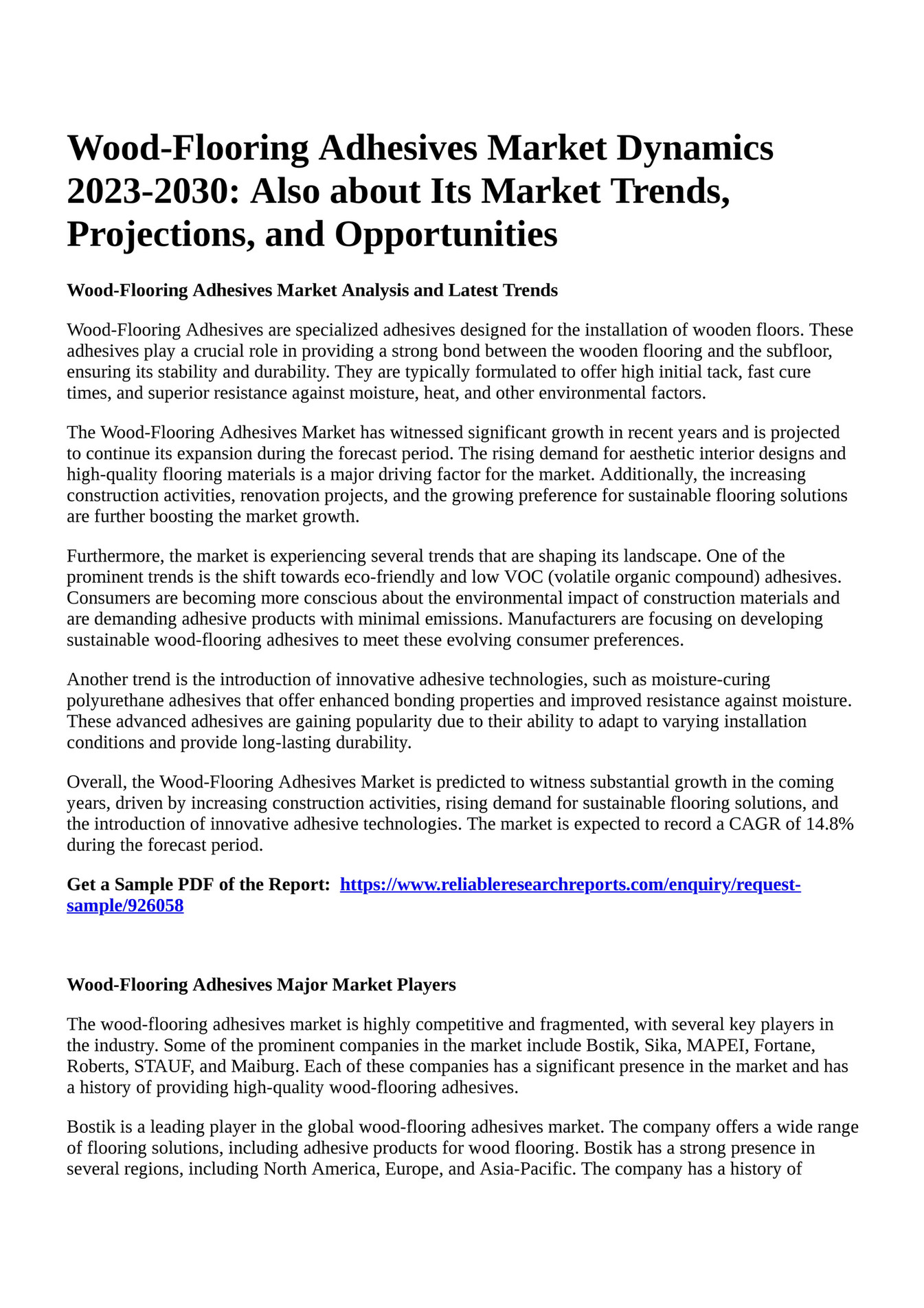 Reportprime WoodFlooring Adhesives Market Dynamics 20232030 Also about Its Market Trends