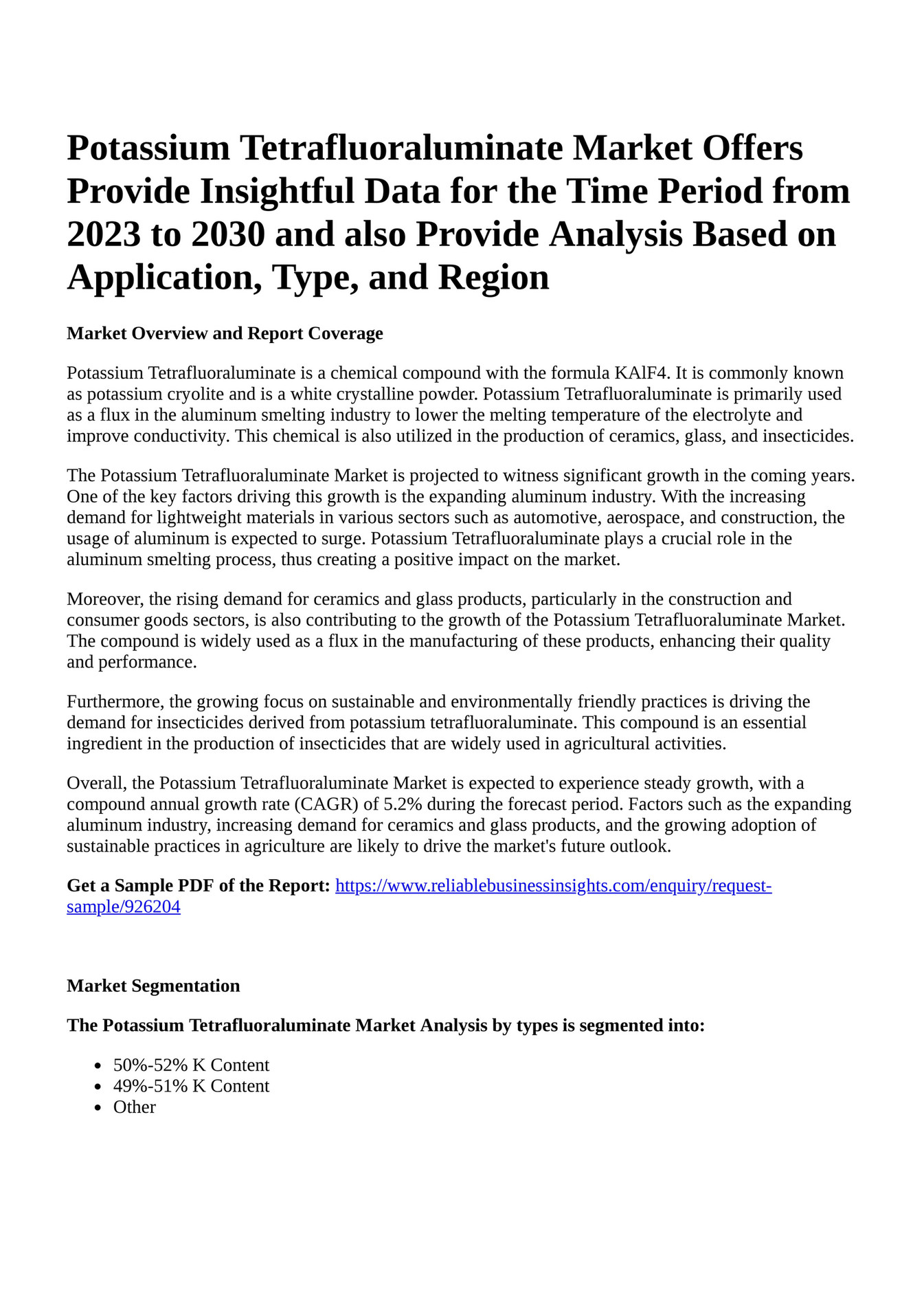 Reportprime Potassium Tetrafluoraluminate Market Offers Provide Insightful Data For The Time