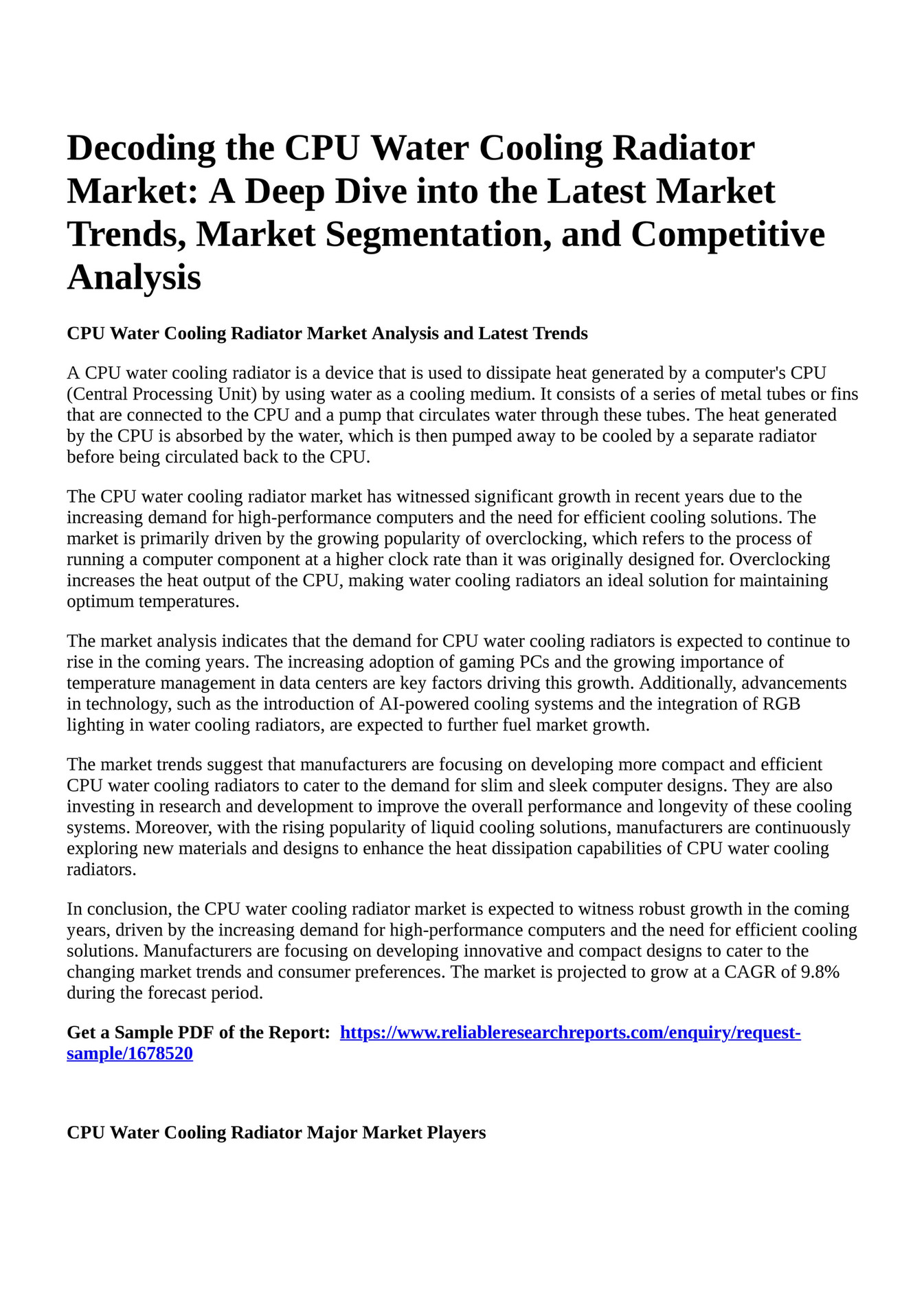 Reportprime - Decoding the CPU Water Cooling Radiator Market: A Deep 