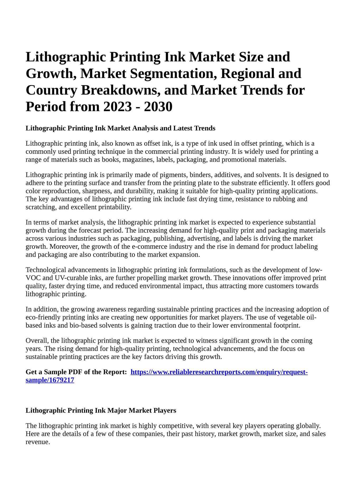Reportprime Lithographic Printing Ink Market Size and Growth, Market