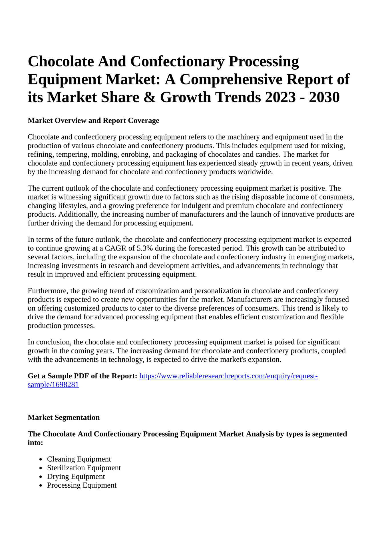 Reportprime - Chocolate And Confectionary Processing Equipment Market ...