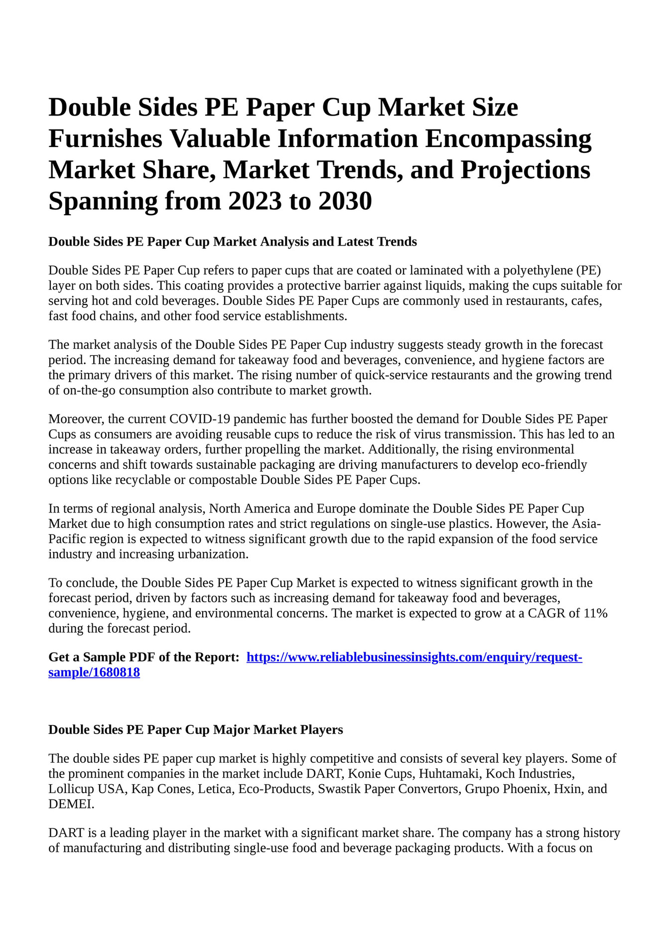 Reportprime Double Sides PE Paper Cup Market Size Furnishes Valuable