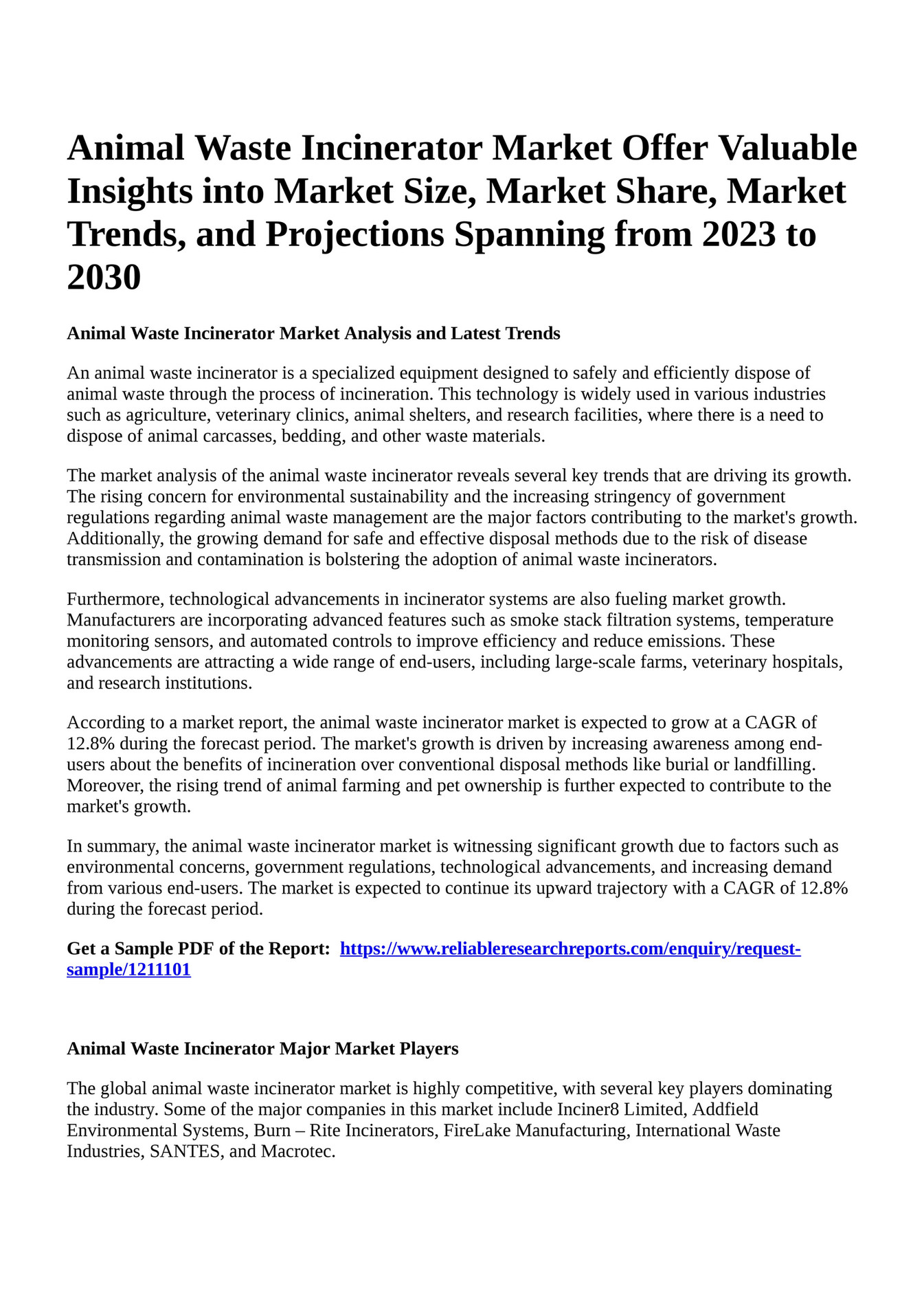 Reportprime Animal Waste Incinerator Market Offer Valuable Insights