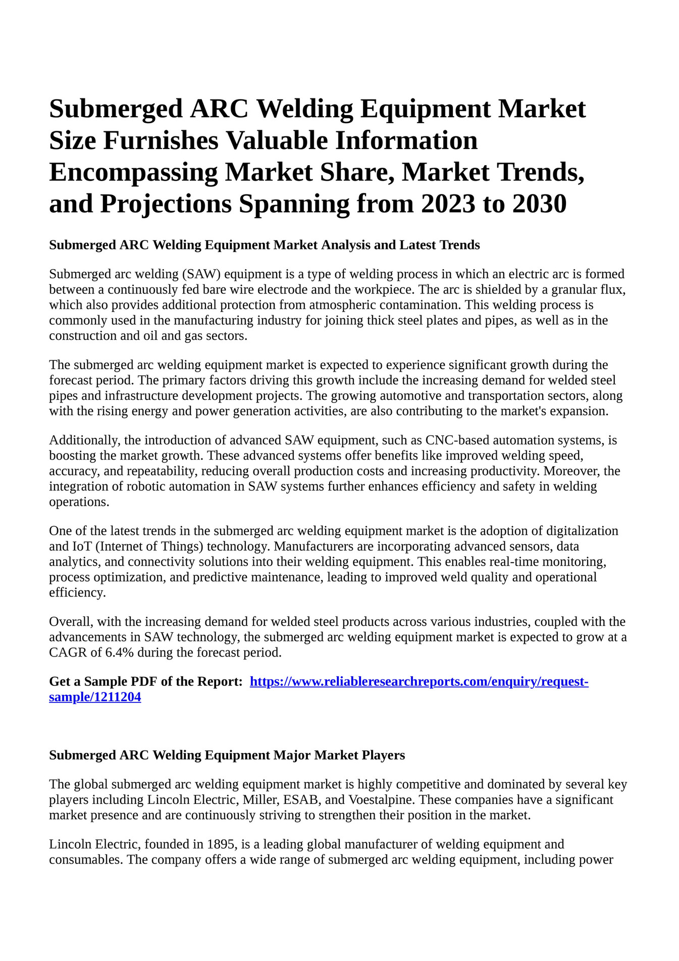 Reportprime Submerged ARC Welding Equipment Market Size Furnishes