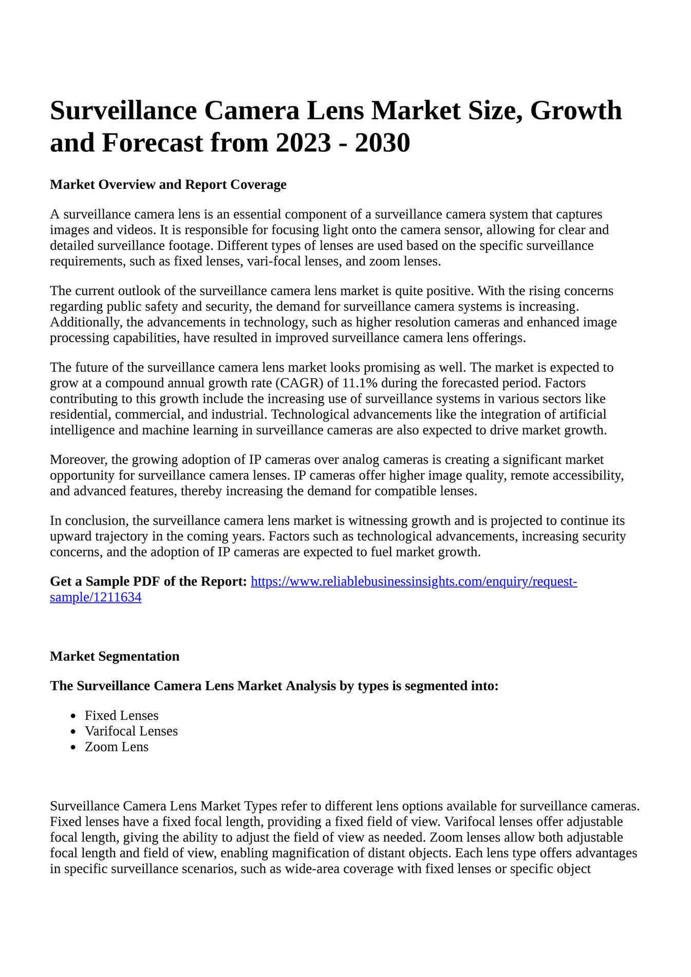 Reportprime Surveillance Camera Lens Market Size, Growth and Forecast